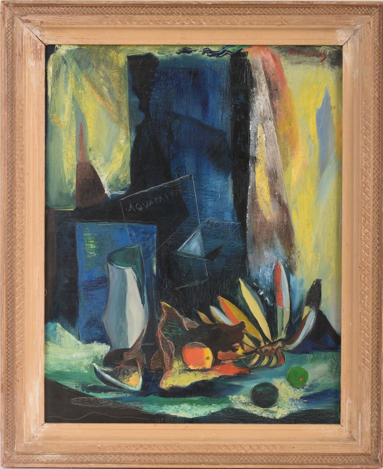 Patric Rowley Fauvist Fruit Still Life.: (Kansas. 1924-2016), signed upper right, oil on canvas, 28 x 22 inches, hand carved frame with Newcomb-Macklin style corner splines.