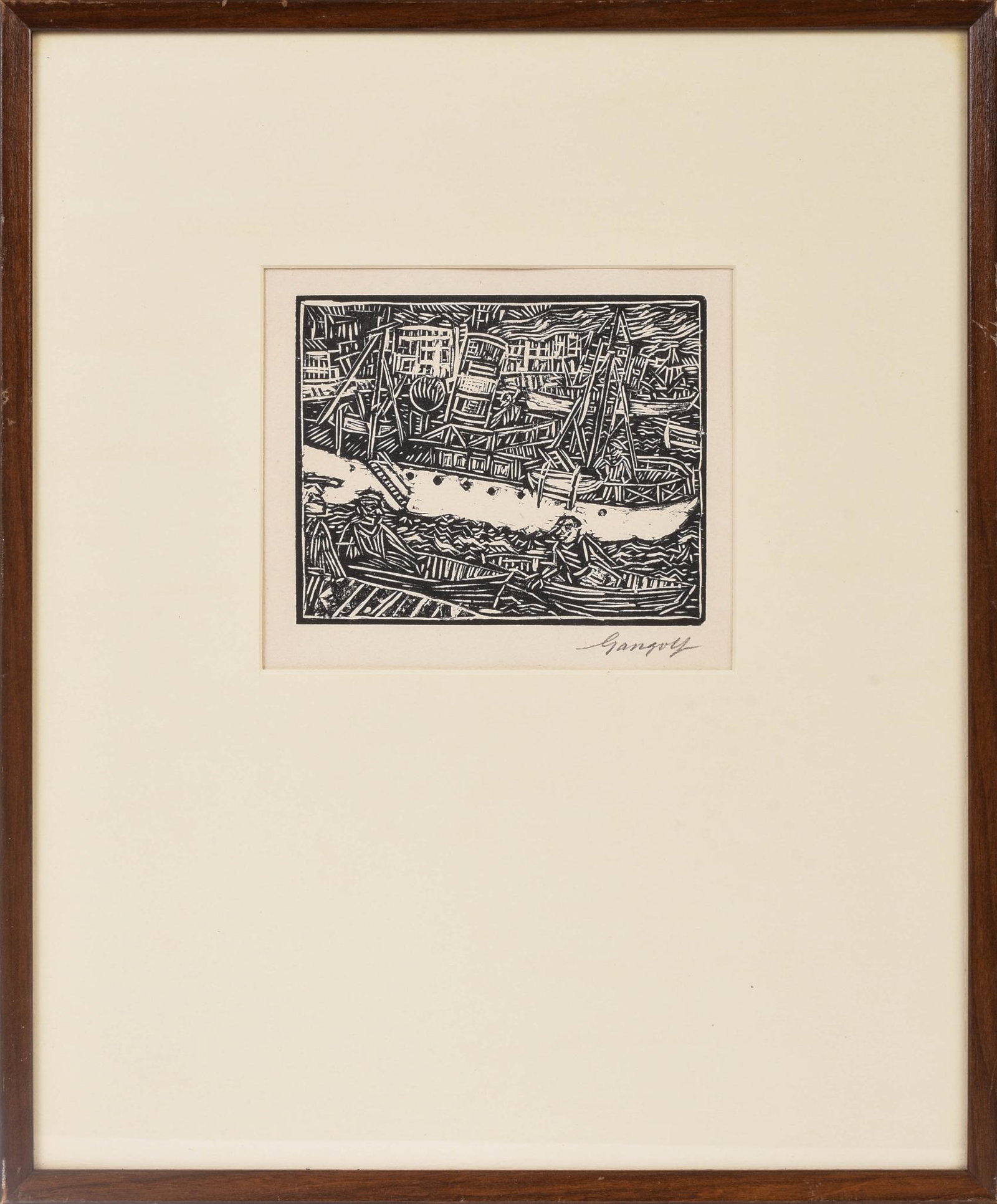 Paul Gangolf. Marseille-Steamboat.: Woodcut print, image 4.75 x 6 inches, pencil signed lower right.
