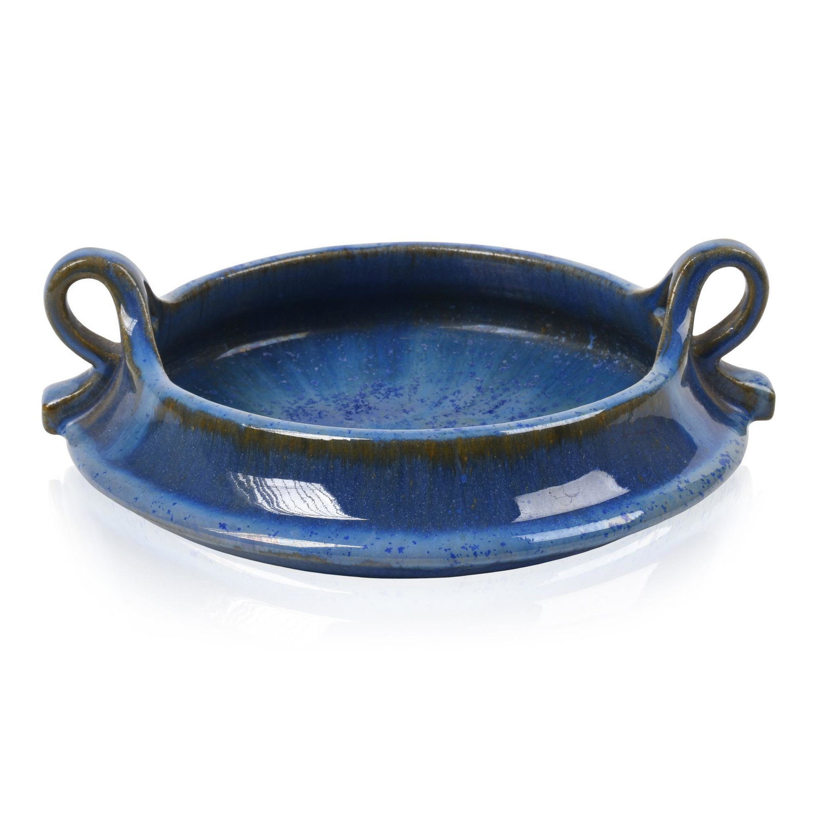 Fulper Blue Glaze Handled Pottery Bowl: Signed, width across handles 8 inches.