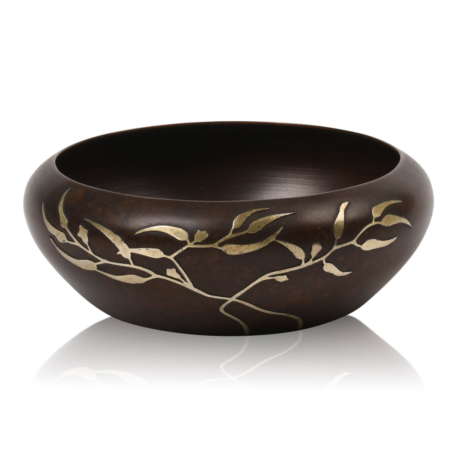 Heintz Sterling on Bronze Bowl: Original dark patina, stamped with Heintz mark, sterling on bronze, pat. Aug27,12 and 3665, diameter 7 inches.