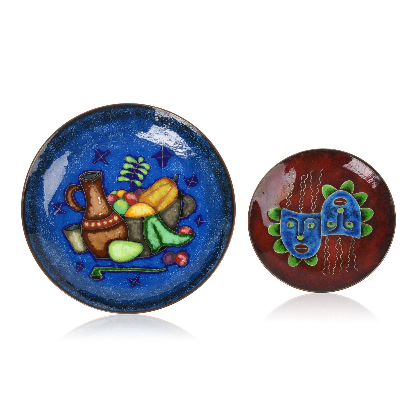 Two Silver Wire Cloisonne Enamel Dishes: One decorated with theatre masks signed LD(?), diameter 4 inches, and the other decorated with a fruit still life signed JS(?), diameter 5.75 inches.