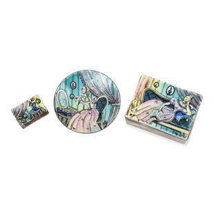 Kathe Berl Three Piece Enamel Set: (New York/Austria 1908-1994), retailed by Rena Rosenthal of New York City, decorated with ladies in stylized interiors, set includes an enamel top glass box, an enamel dish, diameter 5 inches, and an