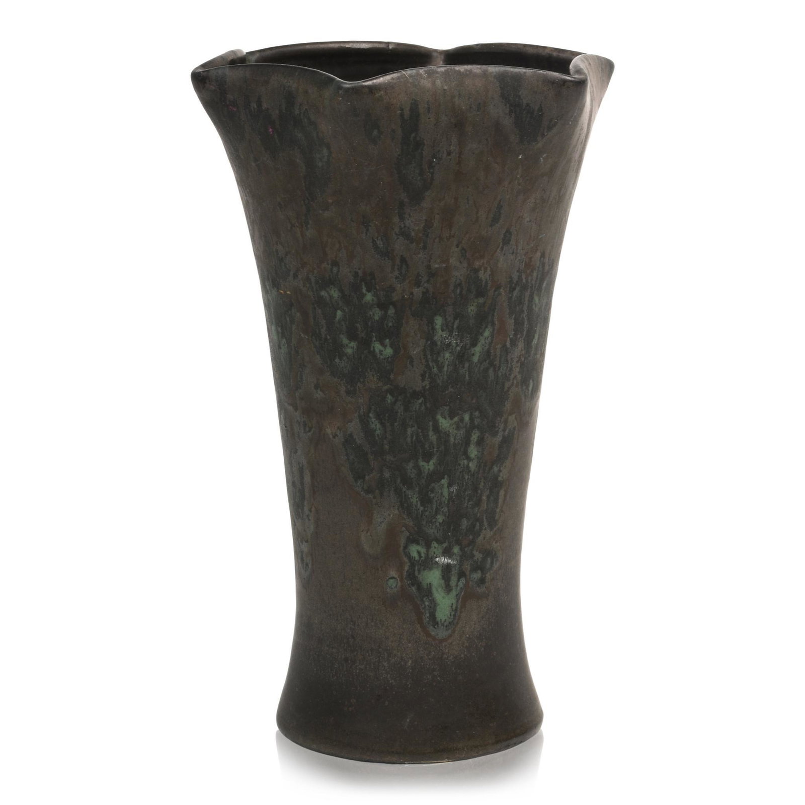 Art Pottery Vase: Hand thrown with ruffled rim, speckled matte green over gunmetal glaze, unsigned, c. 1920. Height 9.25 inches.