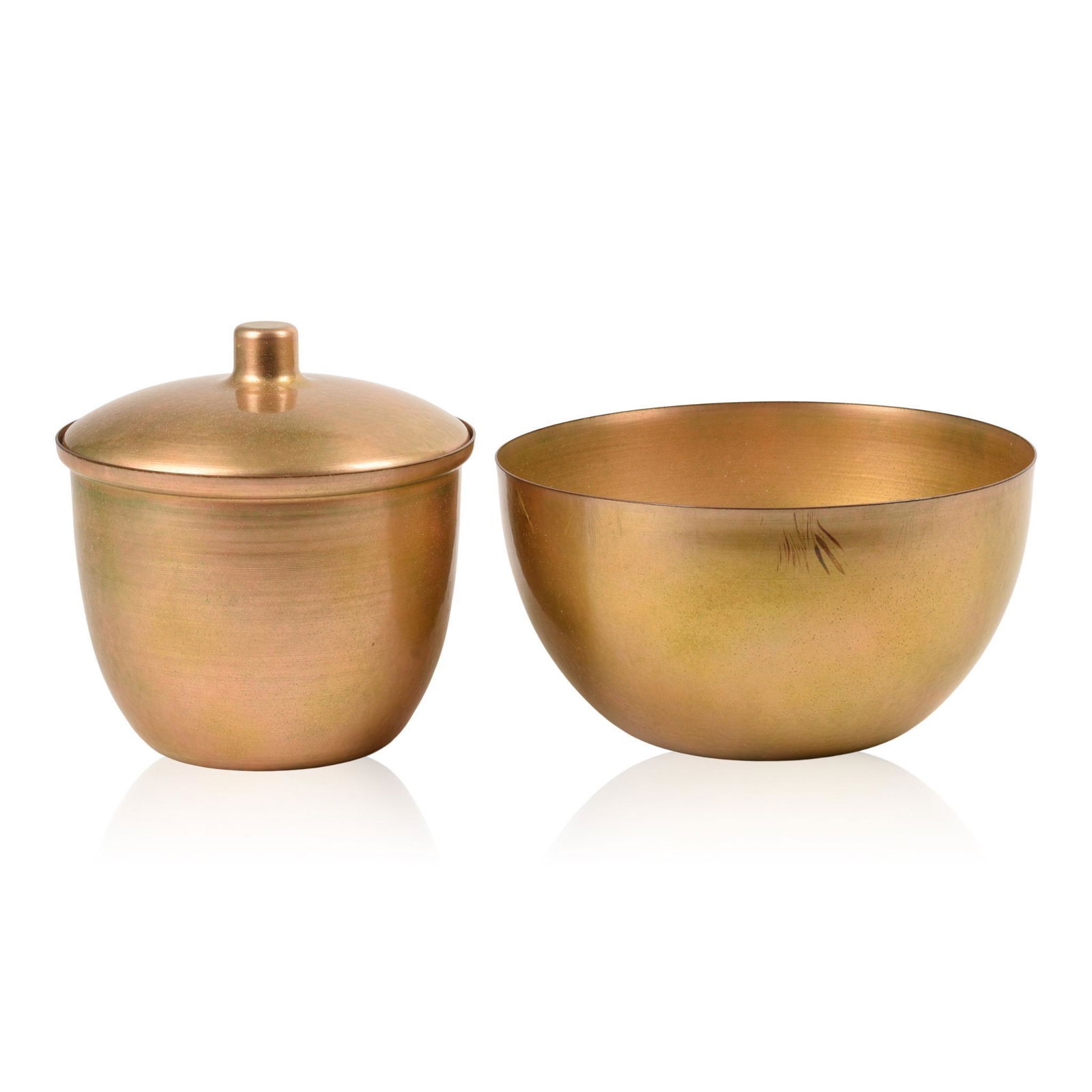 Two Jade Snow Wong Enameled Serving Pieces: An ice bucket with a Thermos glass liner, height 8 inches, and a large bowl, both pieces with gold fleck enamel on copper, both signed on bottom, c. 1960, inscription on bottom indicates they were mad