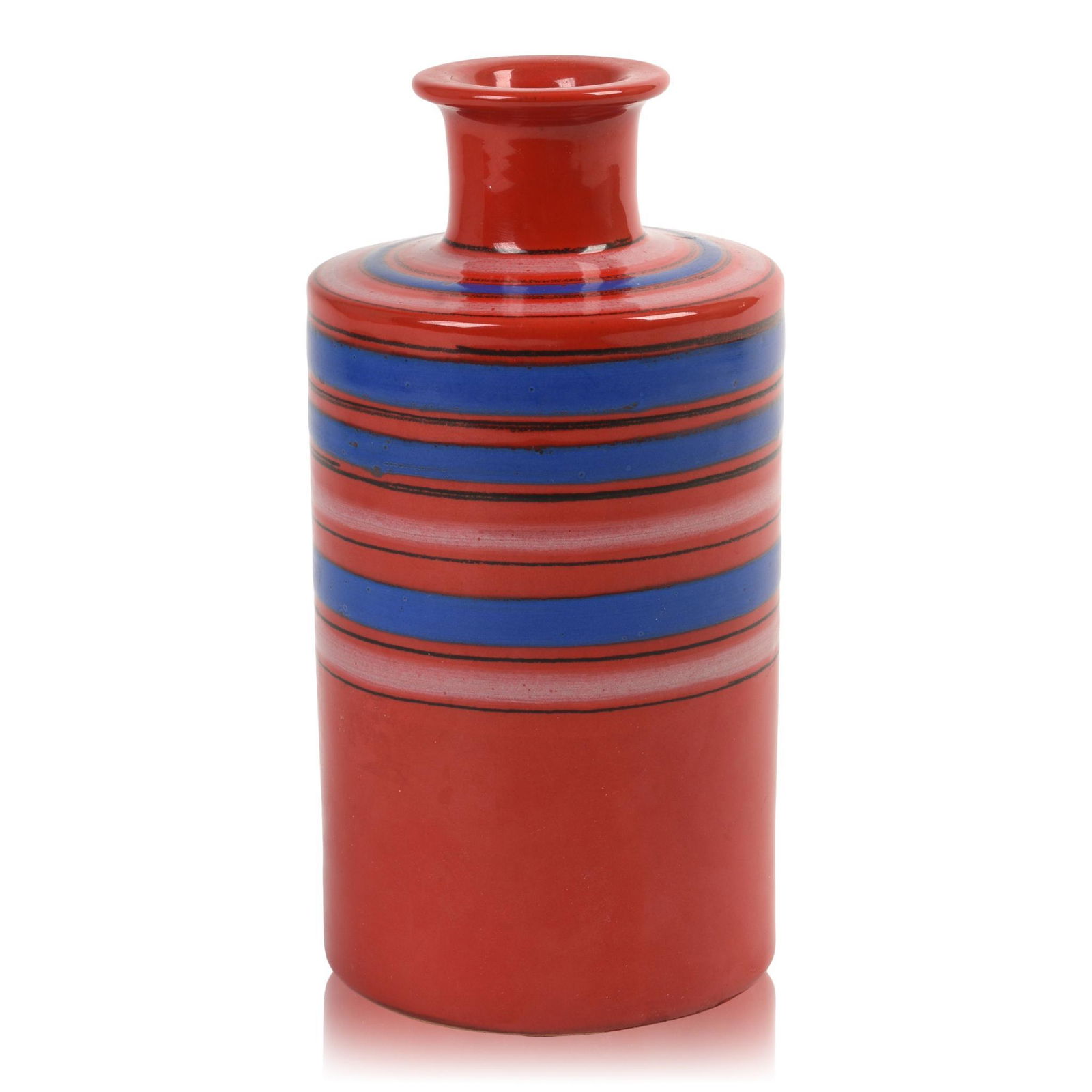 Bitossi Pottery Bottle Vase for Raymor: Italy c. 1950â€™s, red, white, and blue stripe decoration, unsigned (traces of label). Height 8 inches.