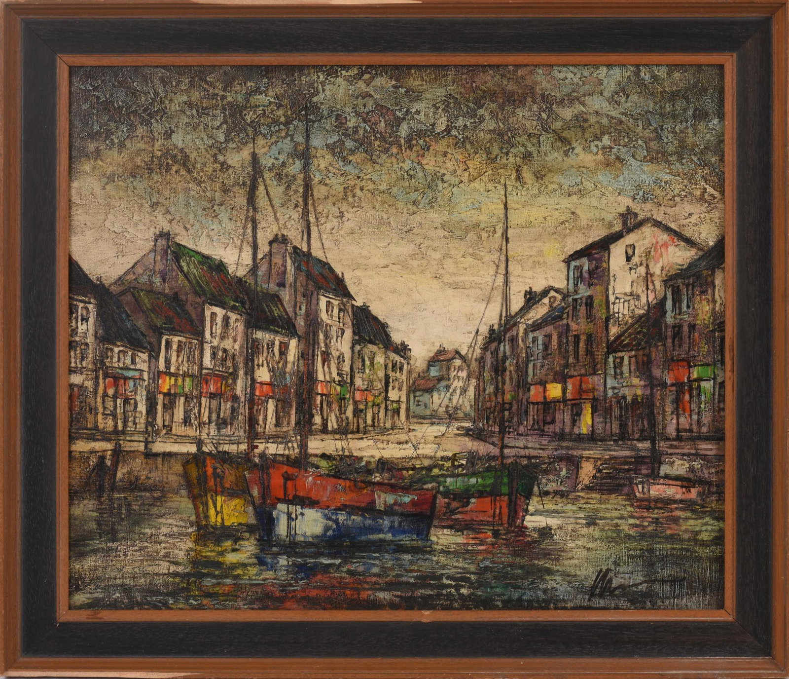 Mid-Century French Fishing Village Painting: Oil on canvas, 20 x 24 inches, signed illegibly lower right, framed (breaks on top and bottom edge of frame).