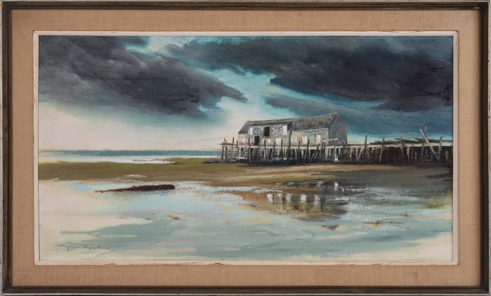 Eugene Sparks Seascape Painting: (Massachusetts. b. 1940), â€œStormy Forecastâ€, oil on canvas, 22 x 40 inches, signed lower right, also signed and titled on reverse, framed.