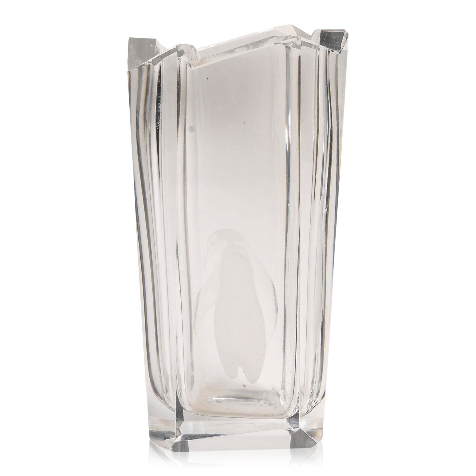 Etched Glass Vase With Penguins.: Height 8 inches.