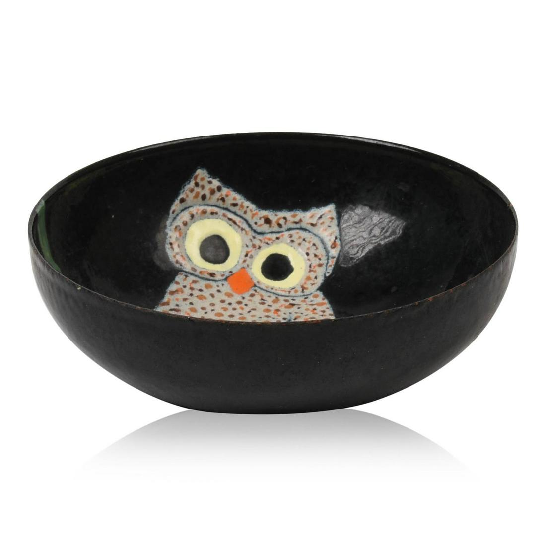 Small Enameled Bowl With Owl Decoration.: Diameter 4 inches. Signed Greg and dated 1985.