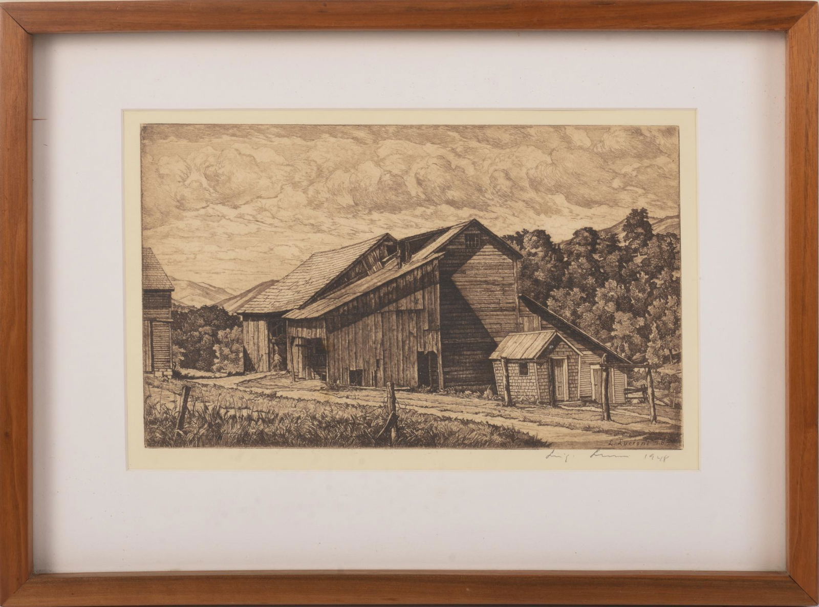 Luigi Lucioni (1900 - 1988). Etching of a New England Barn. (1 of 3)