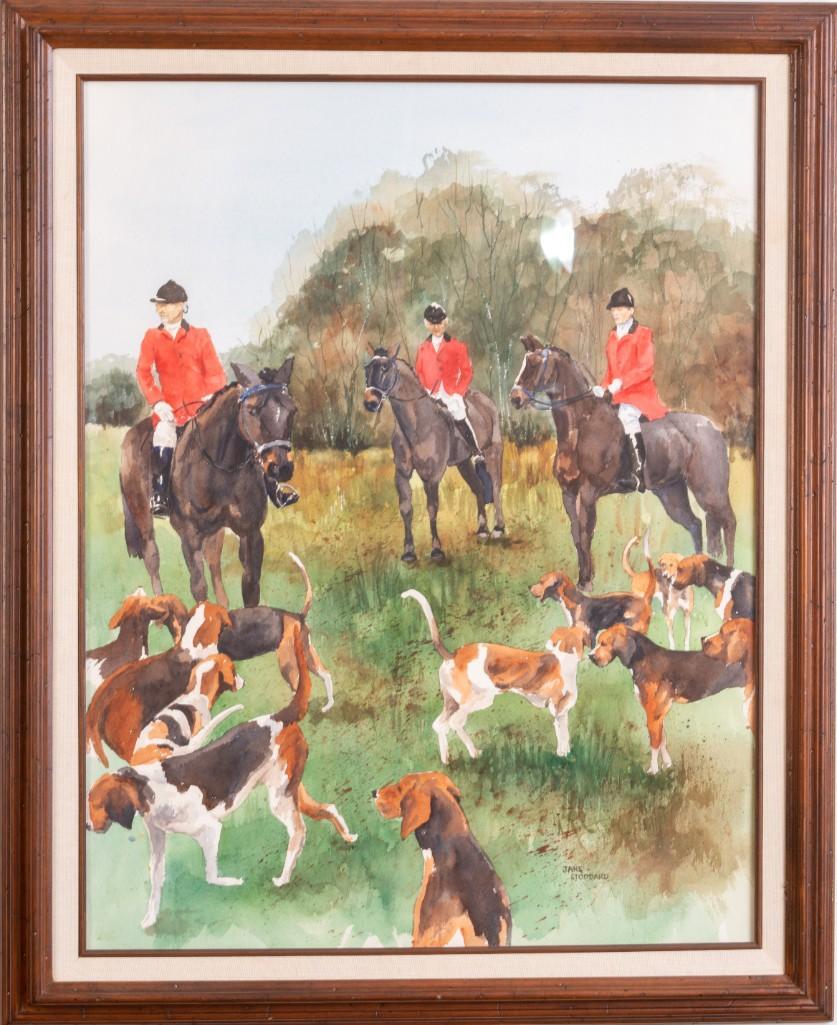 Elizabeth Jane Stoddard. Hunt Scene.: Watercolor on paper, 27.5 x 21.5 inches, sight.