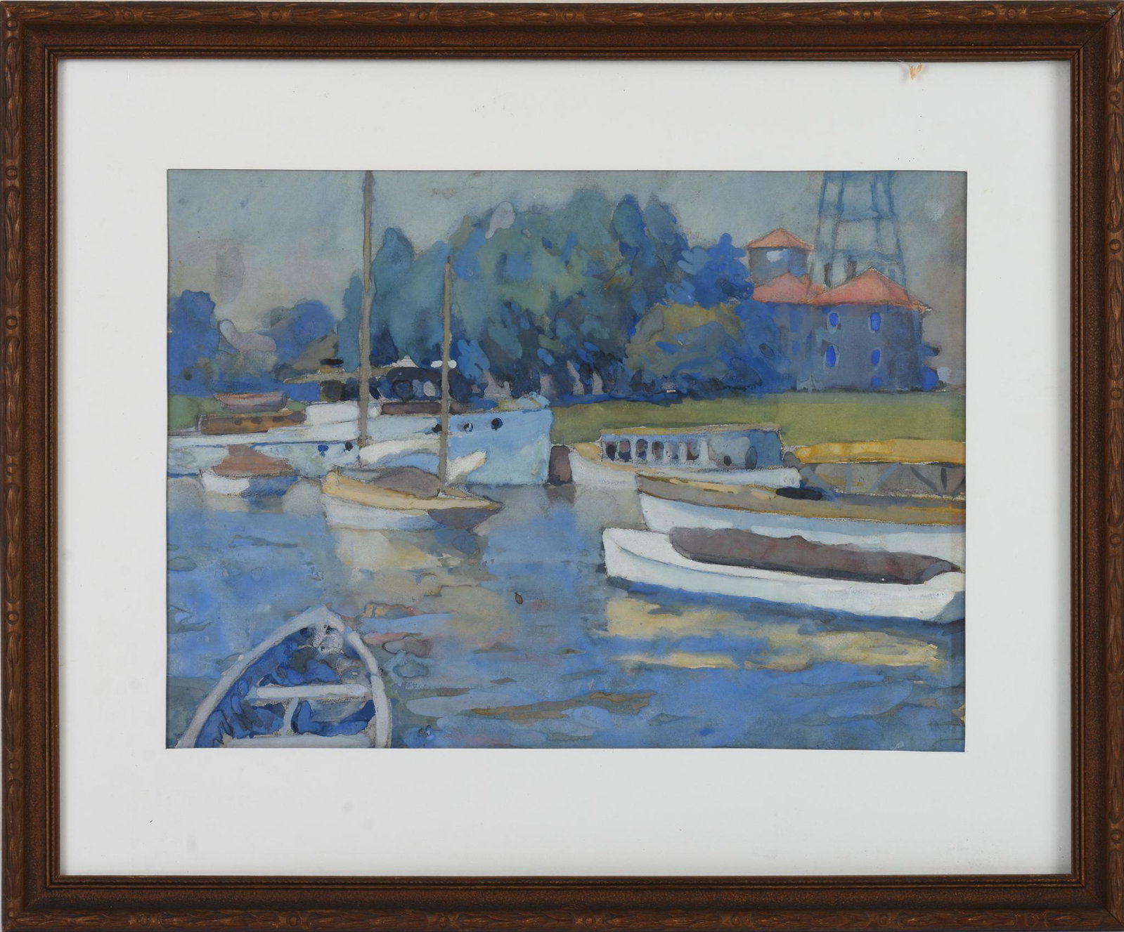Two Impressionist Watercolor Paintings.: One with boats in a harbor, frame 16.5 x 20.5 inches, the other a forest scene signed Adelaide Bratt, frame 19 x 15.5 inches.