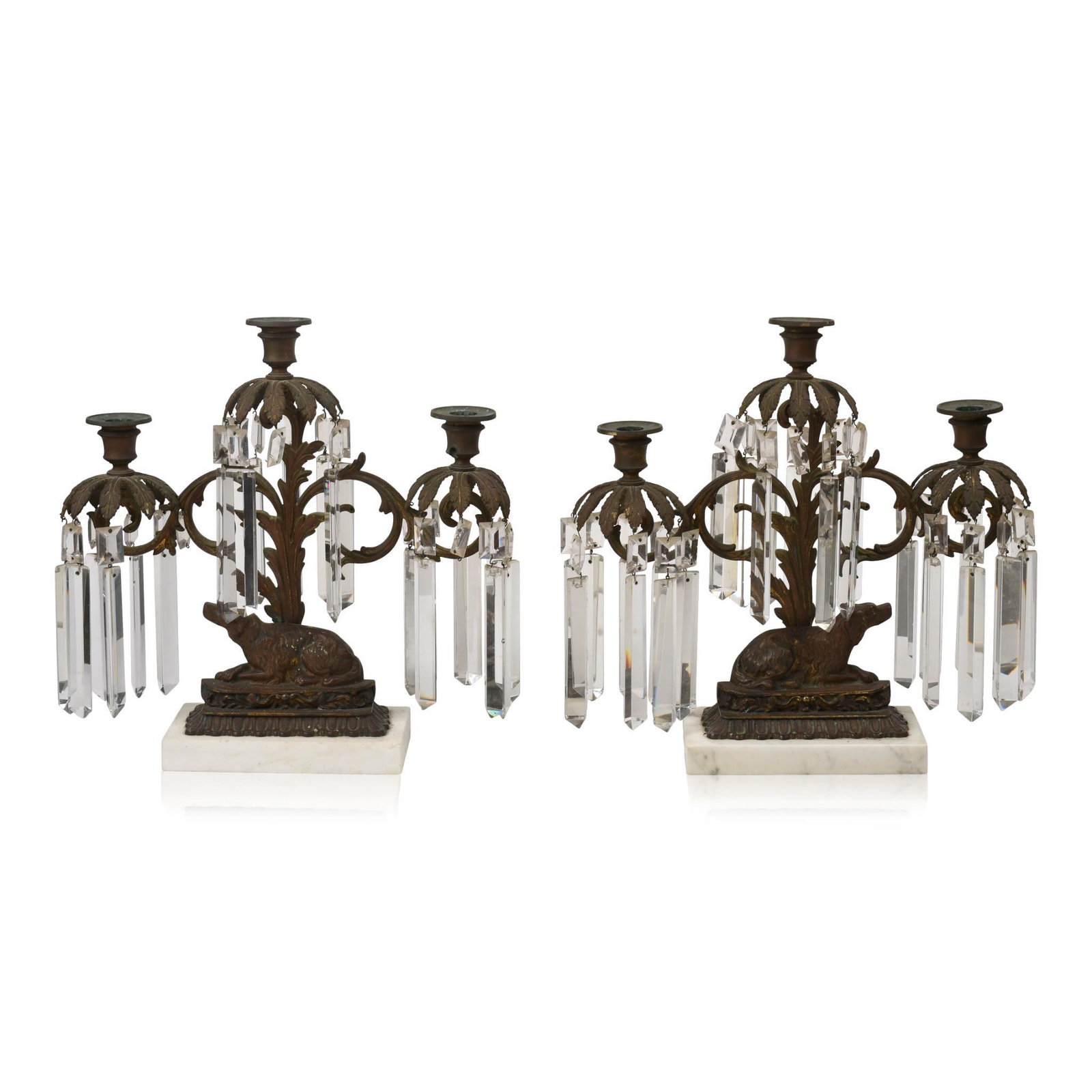 Pair of Marble and Brass Girondoles With Dogs.: Height 14.25 inches. This item is not eligible for in house shipping. We are happy to transfer it to one of our third party shipping partners on your behalf, or we will gladly work with the trucker or
