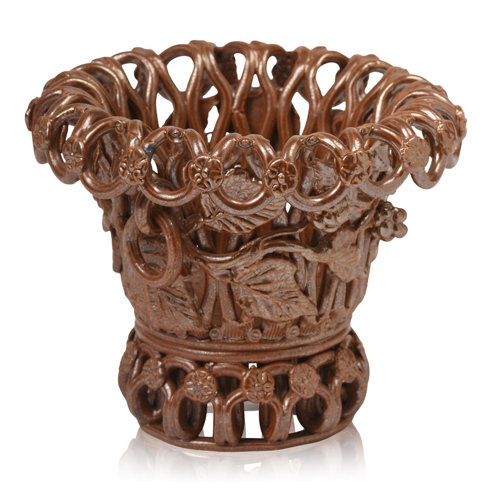 Porcelain Reticulated Basket With Leaf Design.: Height 5 inches.