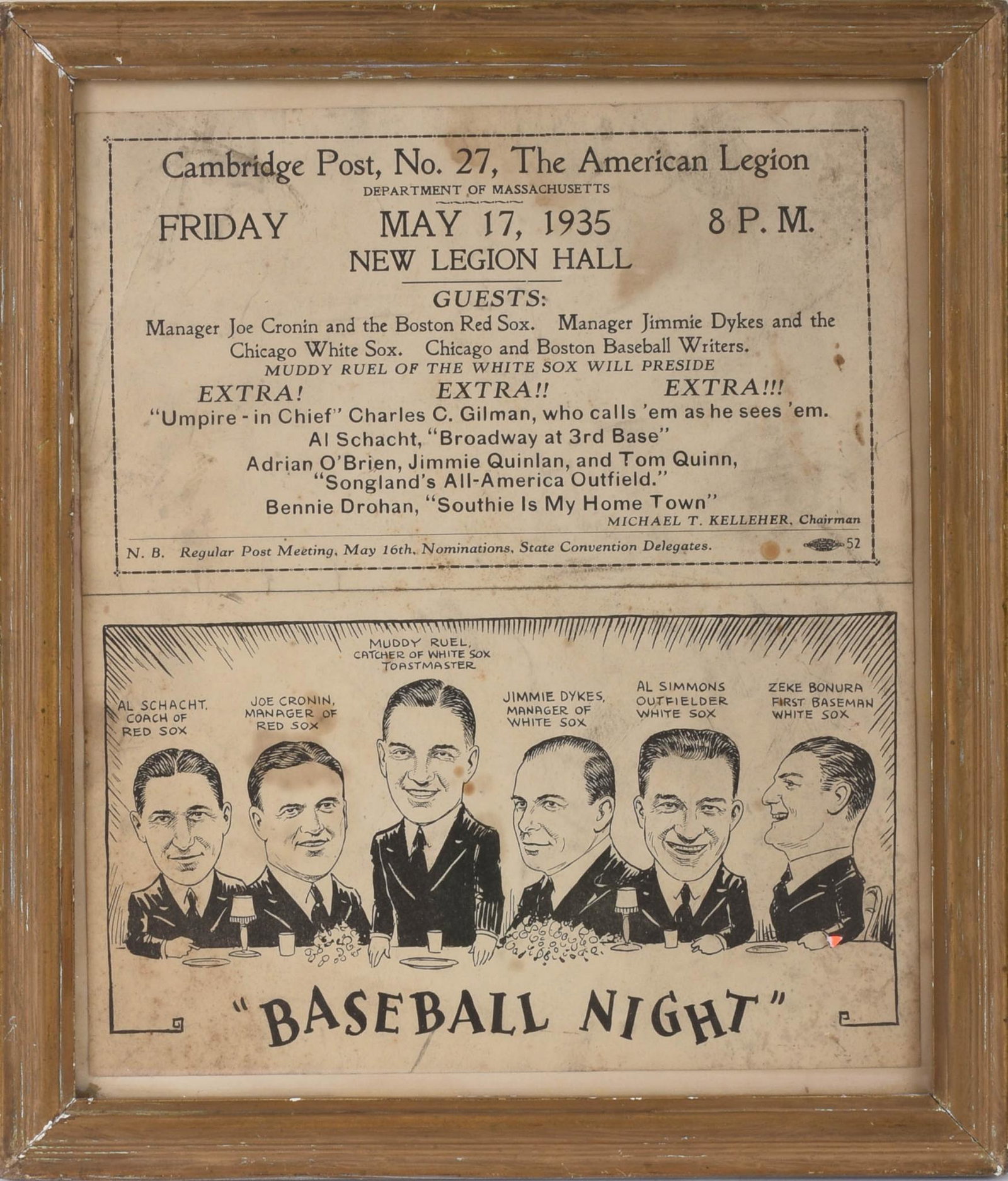 1935 American Legion Baseball Night Invitation.: Cambridge Massachusetts post number 27. With Muddy Ruel, White Sox Catcher as toastmaster, Al Schacht and Joe Cronin of the Red Sox and Jimmie Dykes, All Simmons and Zeke Bonura of the White Sox as gu