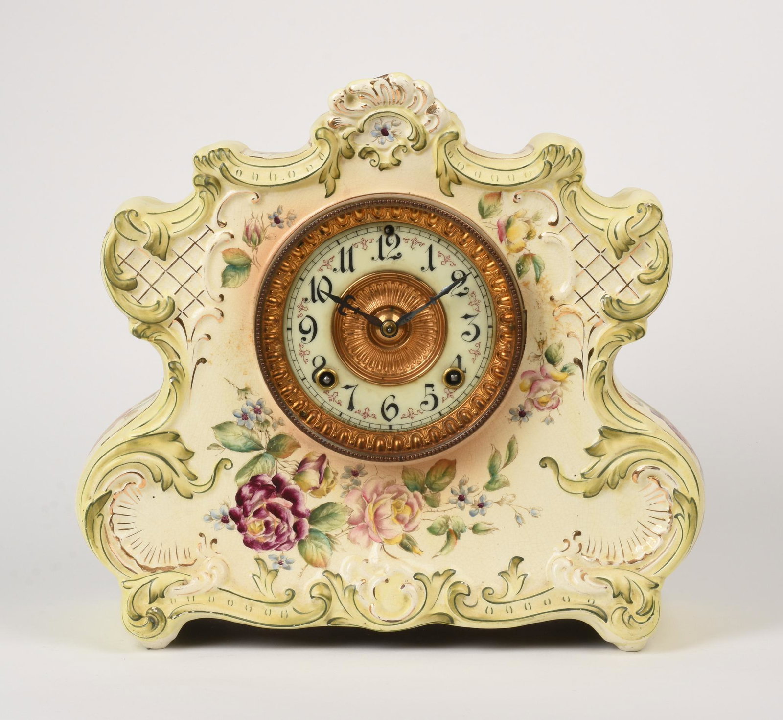 Dresden Ansonia Clock: Width 13.25 inches, height 12.5 inches. Key missing, not tested for operation.