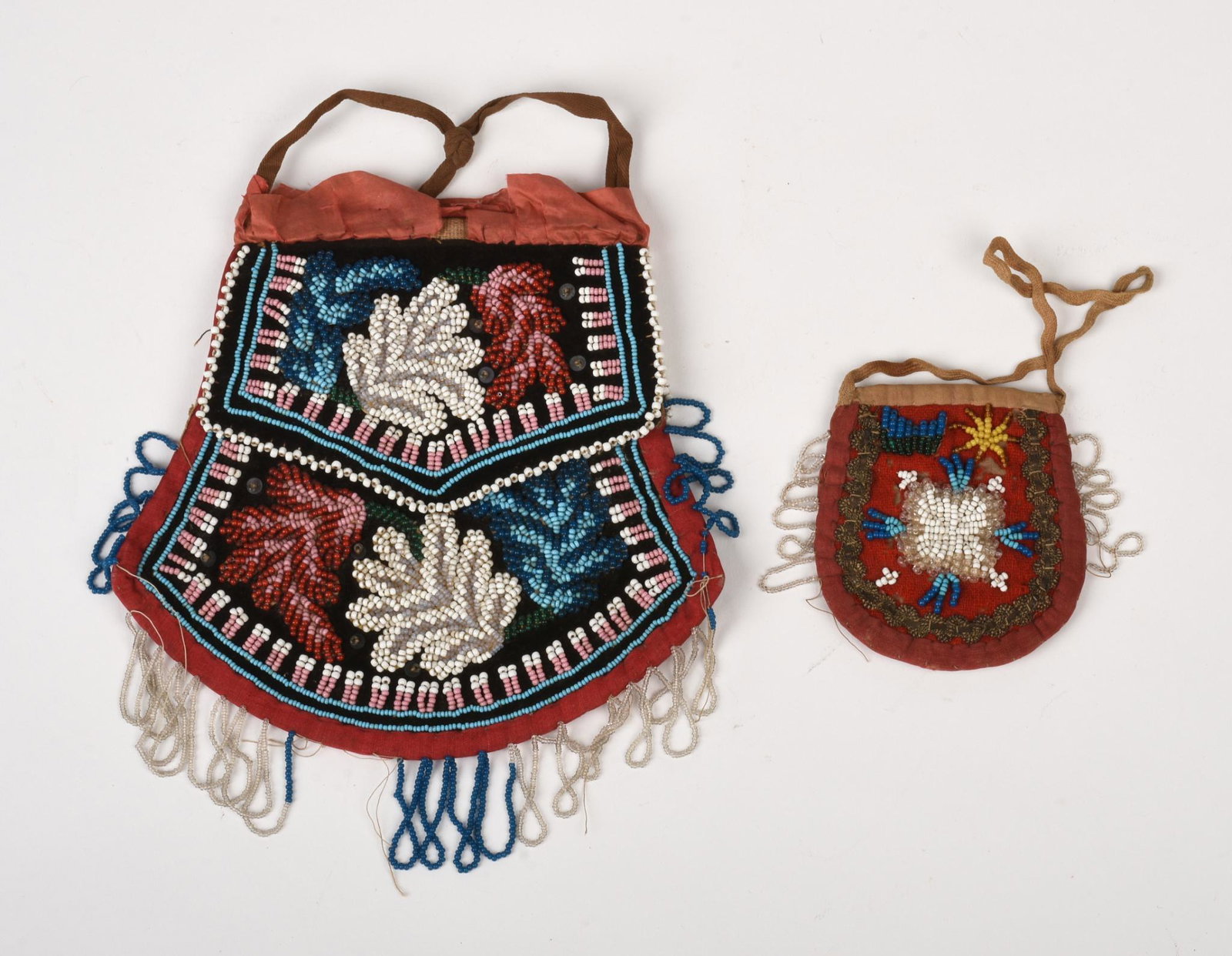 Two Northern Woodlands Native American Beaded Bags.: 7 x 7 inches and 3.75 x 3.25 inches.