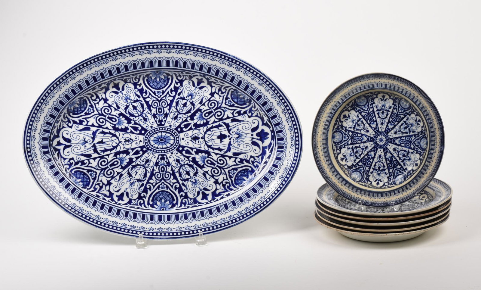 India Pattern Platter and Six Soup Plates.: Platter 19 x 14 inches, plates by B.W.M & Co, diameter of plates 9.25 inches.