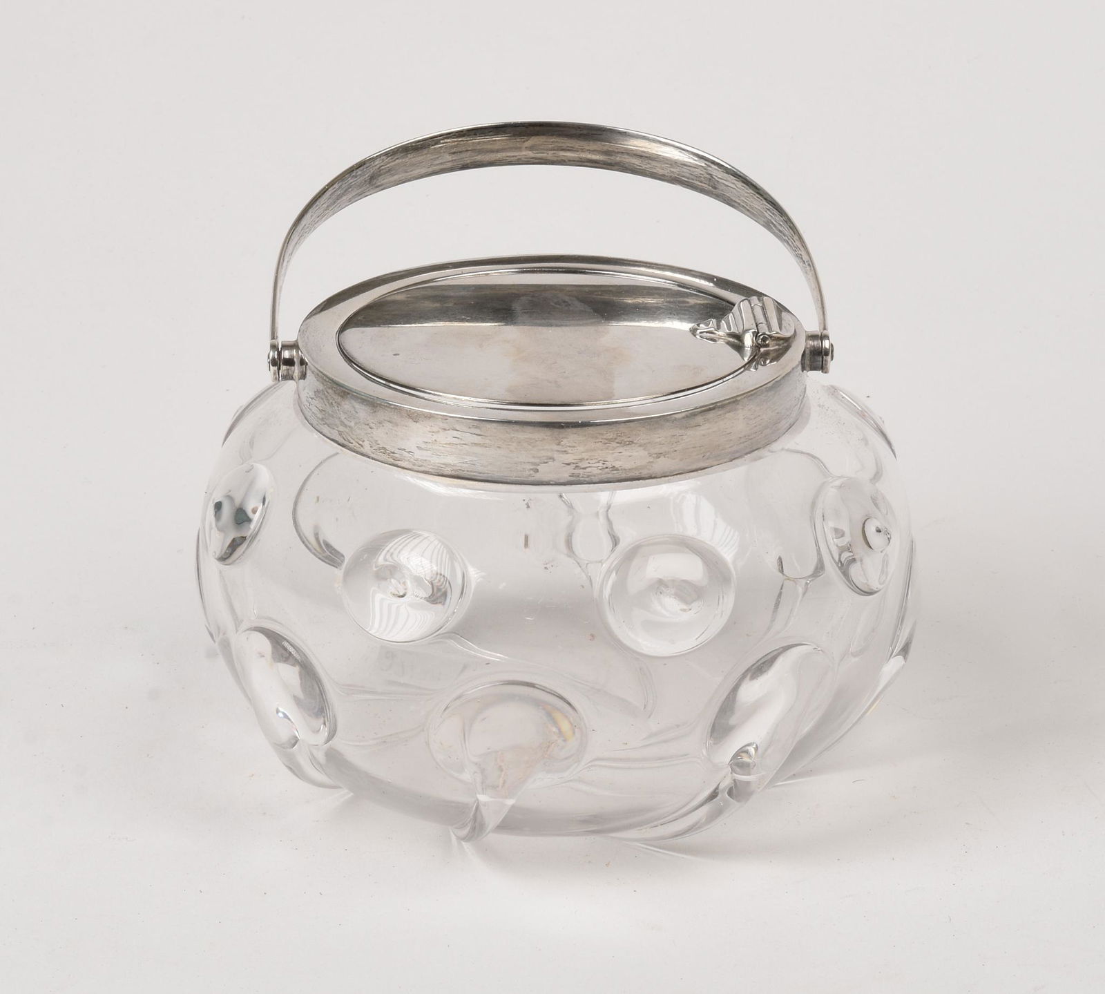 Steuben Sterling Lidded Jar.: Lid opens when handle is lifted, height 4 inches, diameter 5 inches. Marked at base, touchmarks on lid.