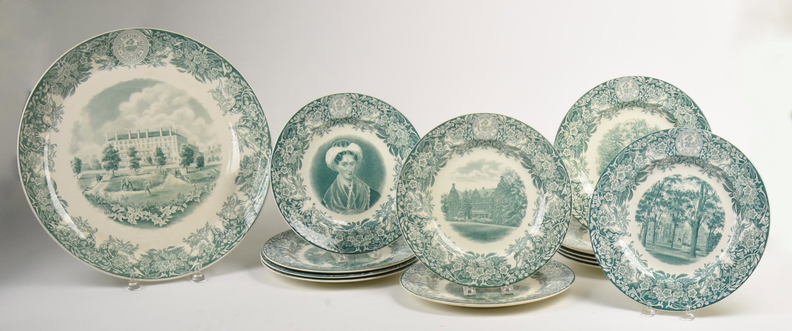 Twelve Wedgwood Mount Holyoke Plates and a Platter.: Diameter of platter 16 inches.