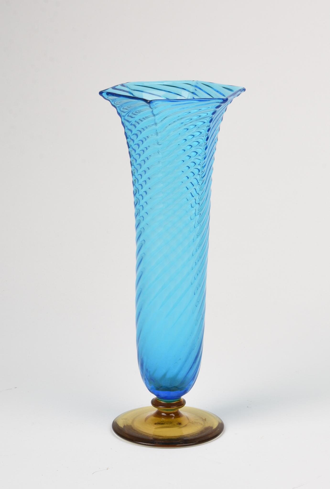 Steuben Blue and Yellow Spiral Vase.: Height 10 inches, acid etched mark at base.