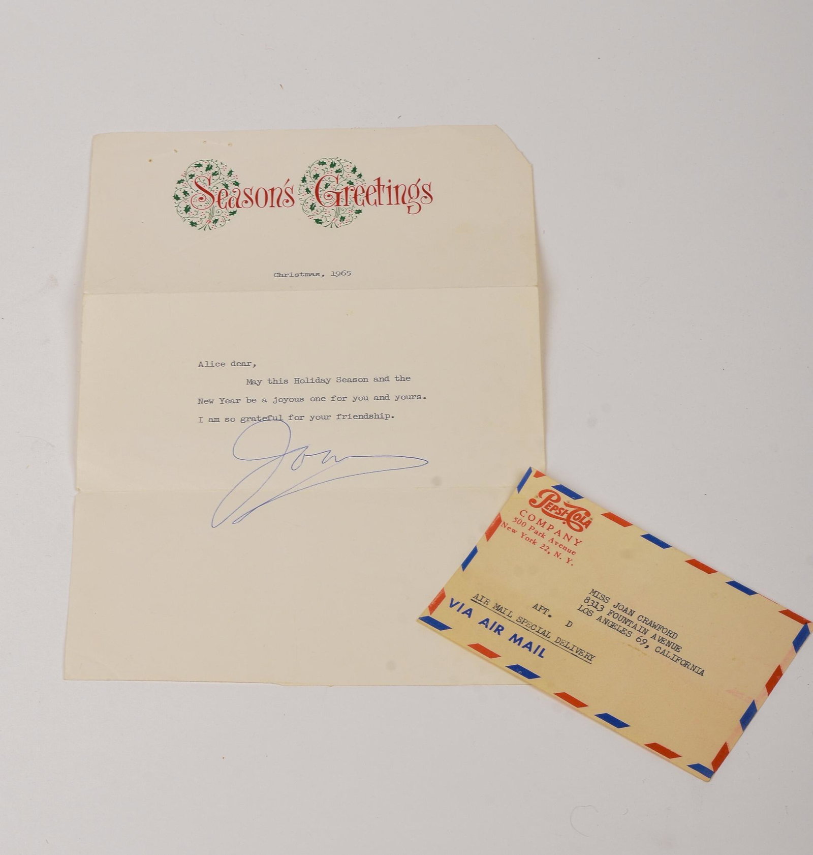 Joan Crawford Signed Christmas Greeting.: 1965, to Alice.