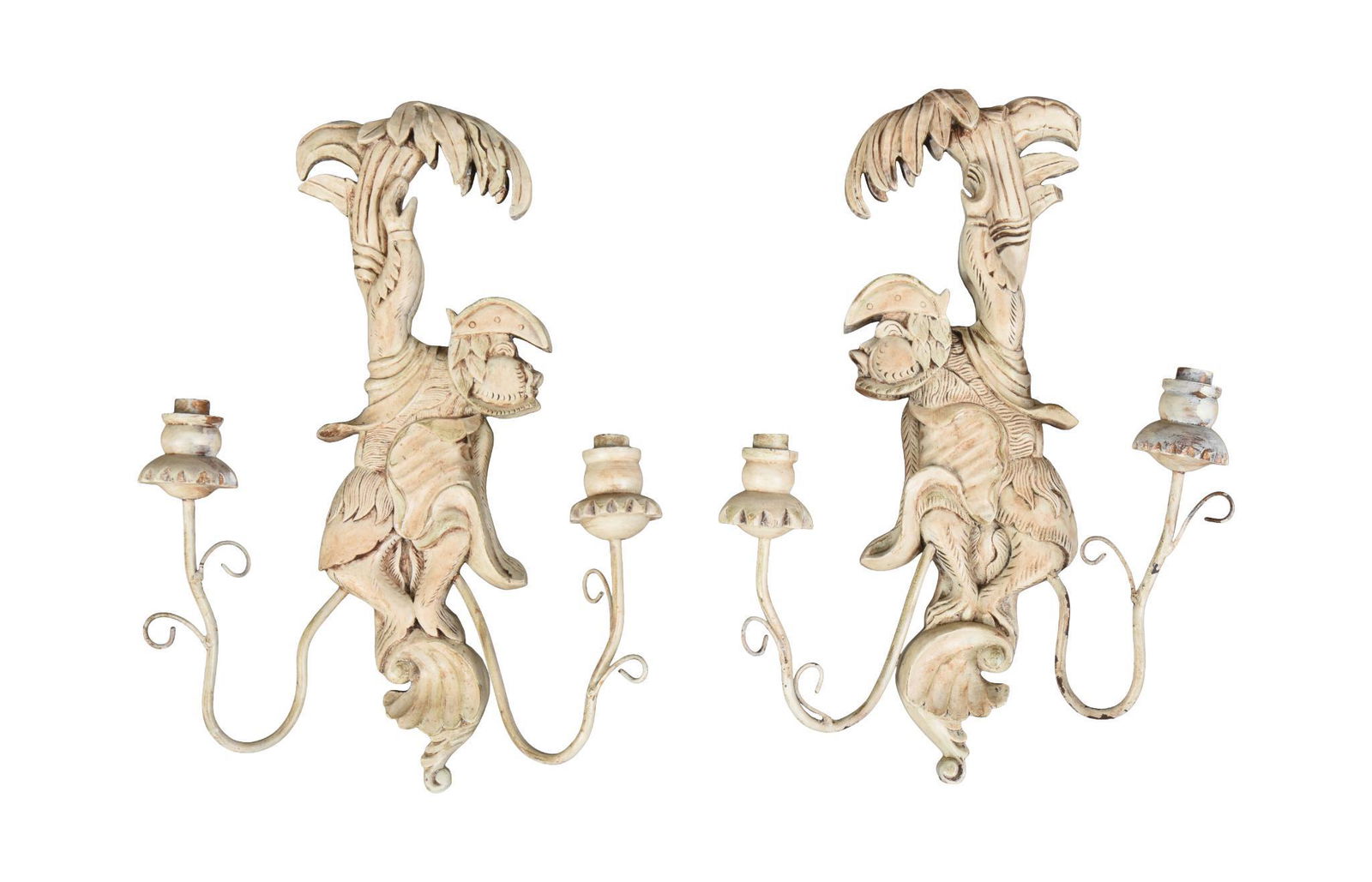 Pair of Painted Wood Monkey Sconces. (1 of 2)