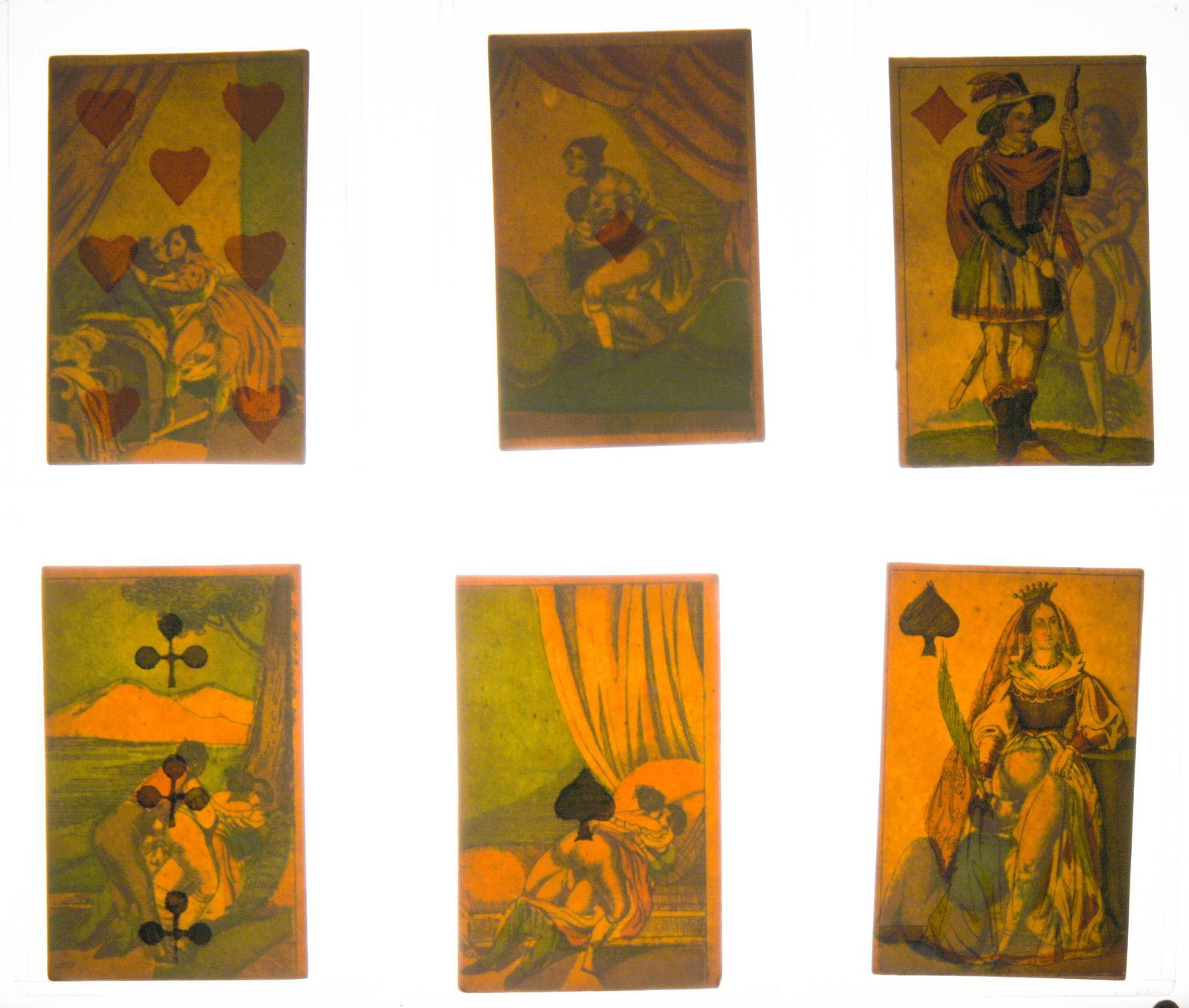 Translucent Playing Cards With Hidden Erotic Images.: A complete deck of 52 cards, circa 1835. Shining a light from the back reveals a different pornographic image on each card. Each card 3.375 x 2.125 inches.