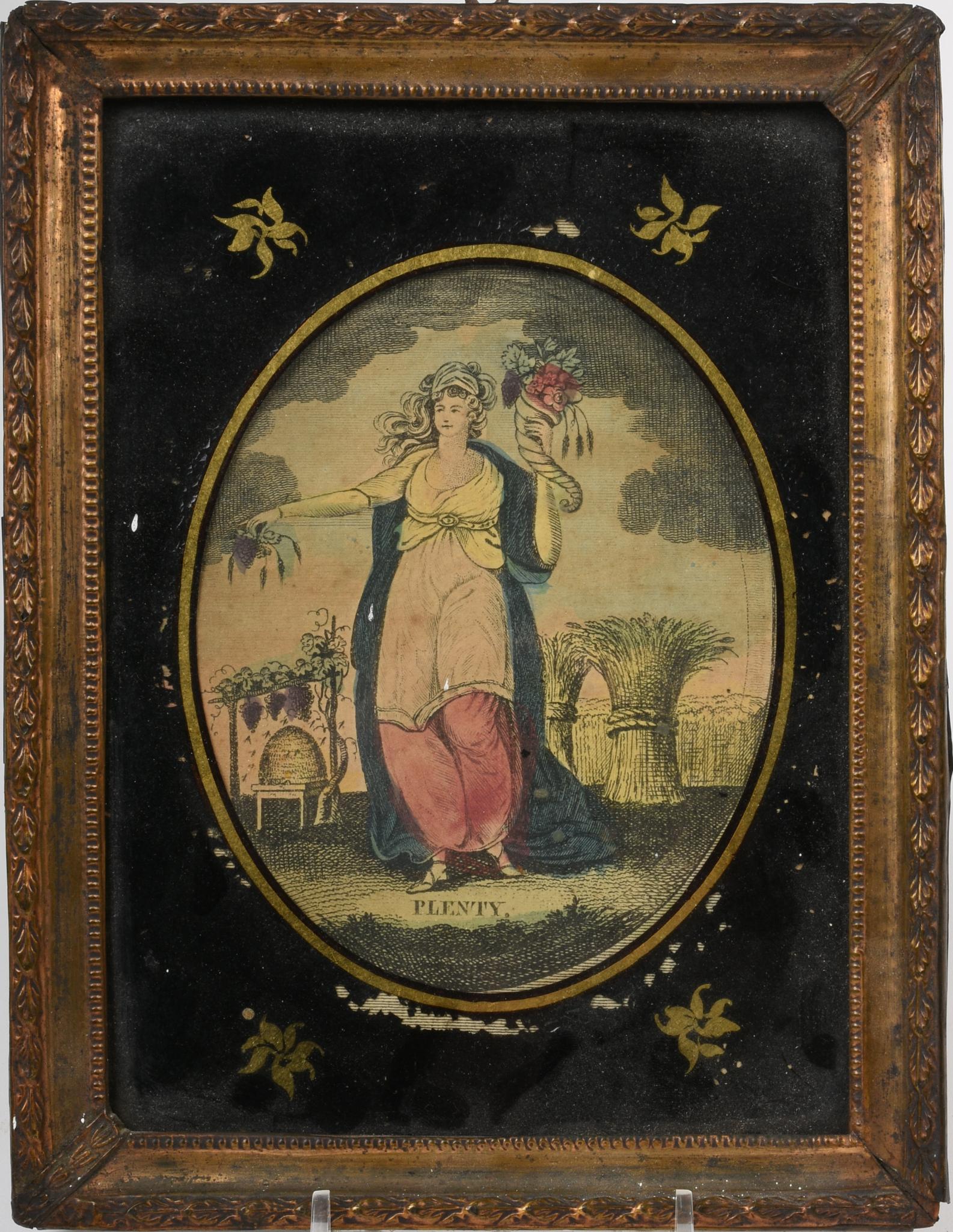 Handcolored Etching of Plenty in Eglomise Mat.: 8 x 5.75 inches, some losses to eglomise.