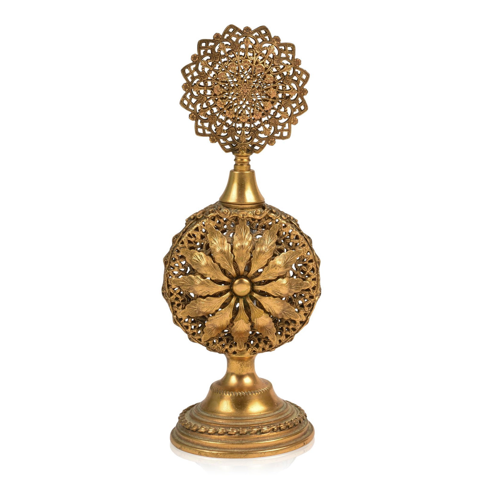 Apollo Brass Filligree Perfume Bottle.: Height 8 inches, marked at base.