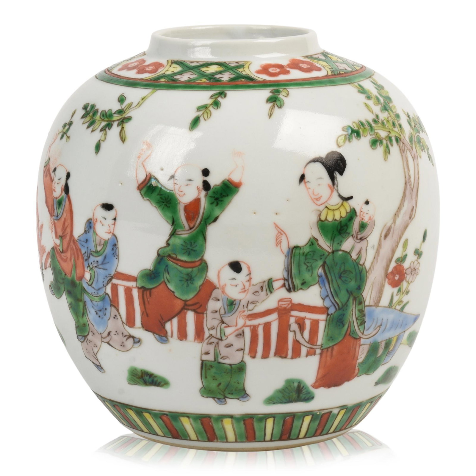 Chinese Famille Verte Porcelain Jar: Four character Kangxi mark, 19th c., height 7 inches.