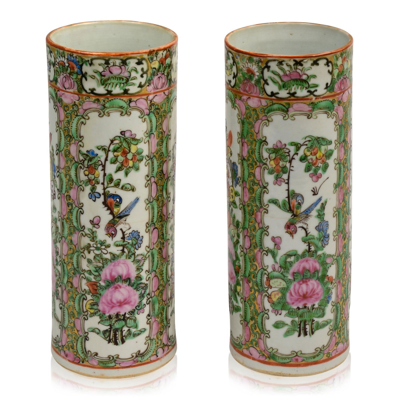 Pair of Chinese Rose Medallion Cylindrical Vases (1 of 5)