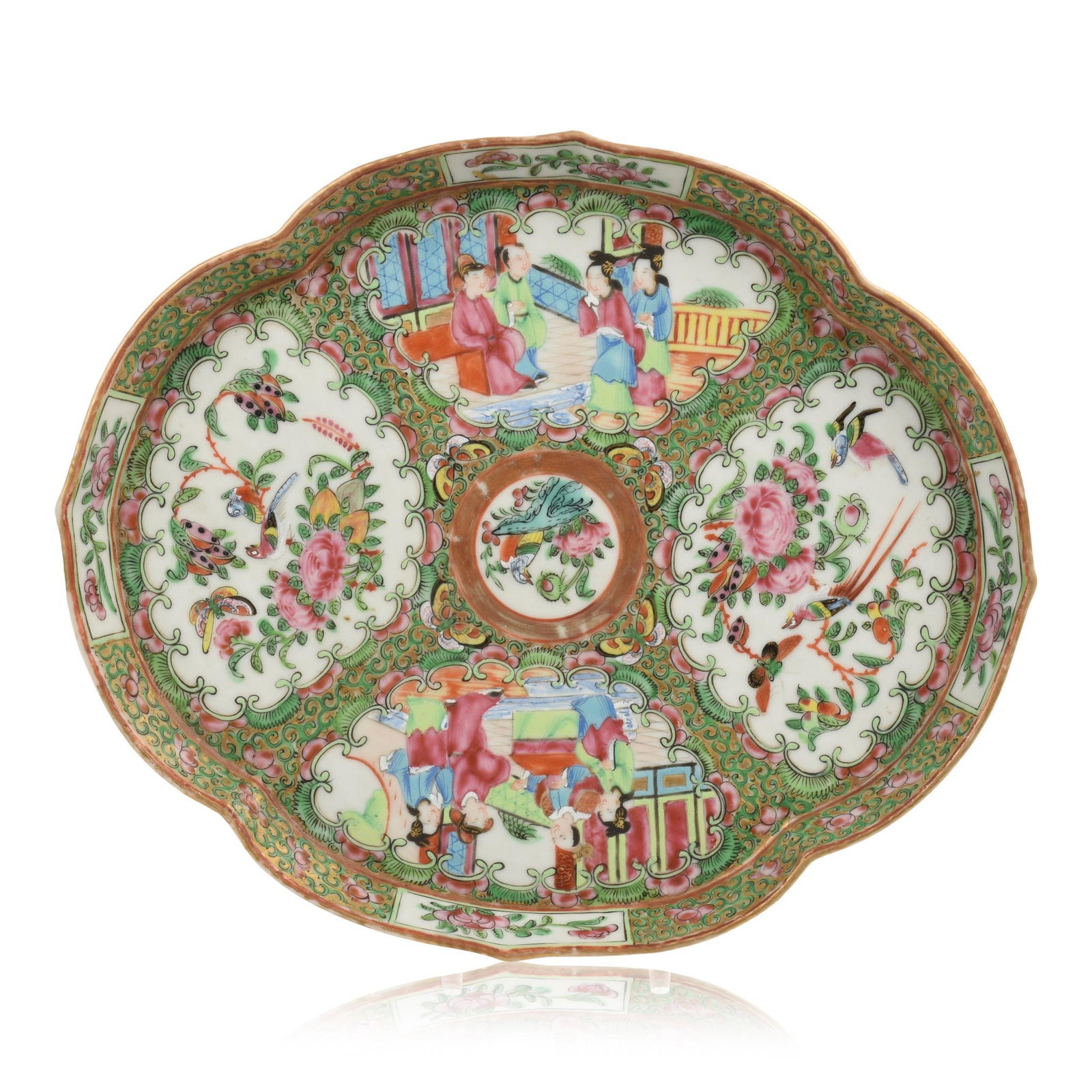 Chinese Rose Medallion Porcelain Quatrefoil Tray: 19th c., 10.5 x 9 inches.