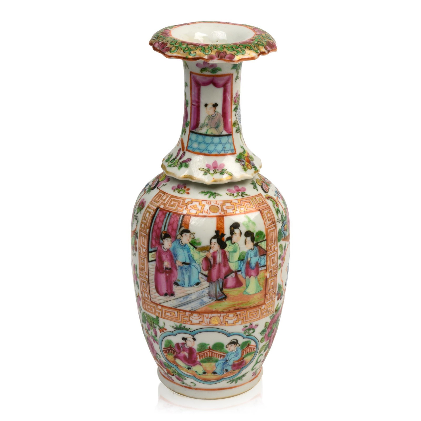 Chinese Famille Rose Porcelain Vase: Finely decorated with panels of figures, 19th c., height 9.75 inches.
