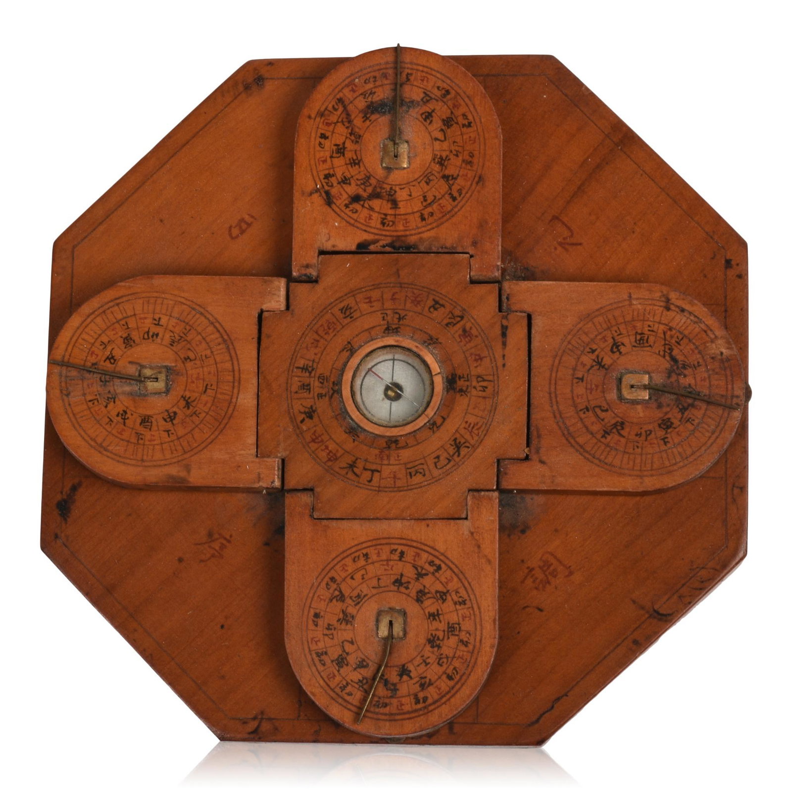 Chinese Feng Shui Wooden Compass: Inscribed on underside, 19th c., 6.25 x 6.5 inches.