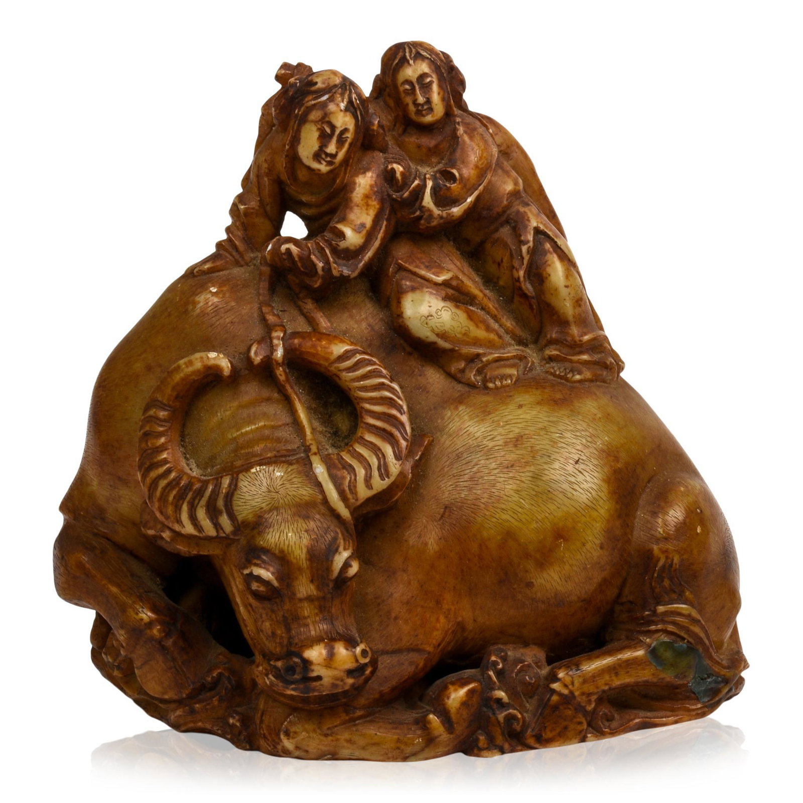 Chinese Carved Soapstone Water Buffalo With Two Boys: Late 19th/early 20th c., length 5.5 inches, height 5.5 inches.
