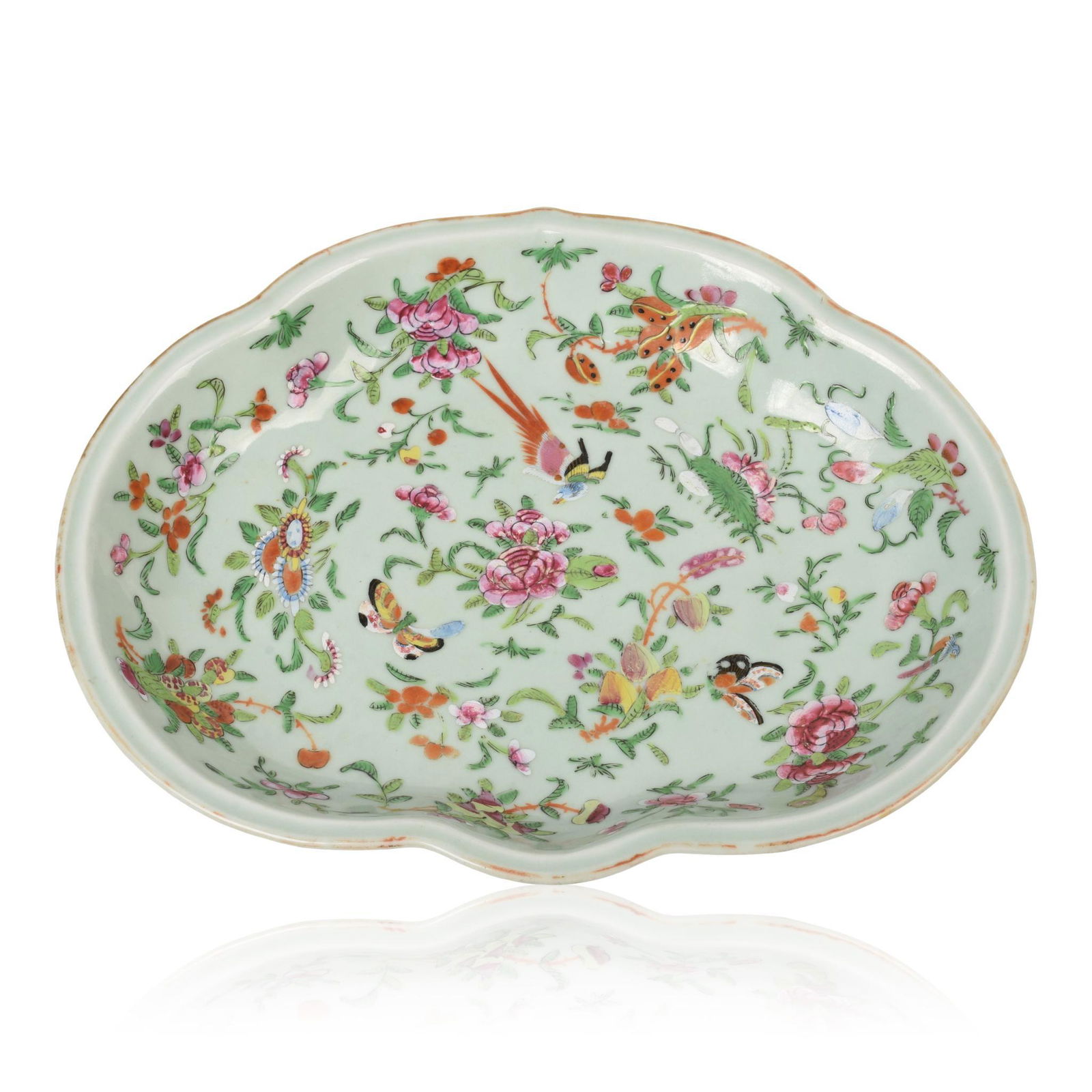 Chinese Famille Rose Lozenge Shaped Bowl: Celadon ground, 19th c., 11 x 9 inches.