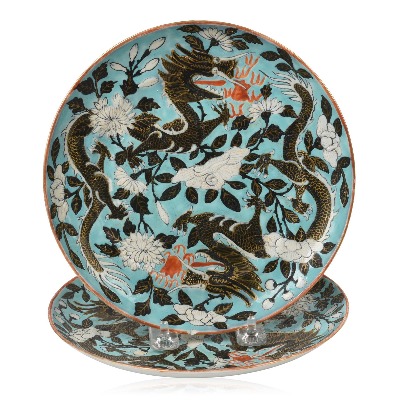 Pair of Chinese Famille Rose Porcelain Dragon Plates (1 of 2)