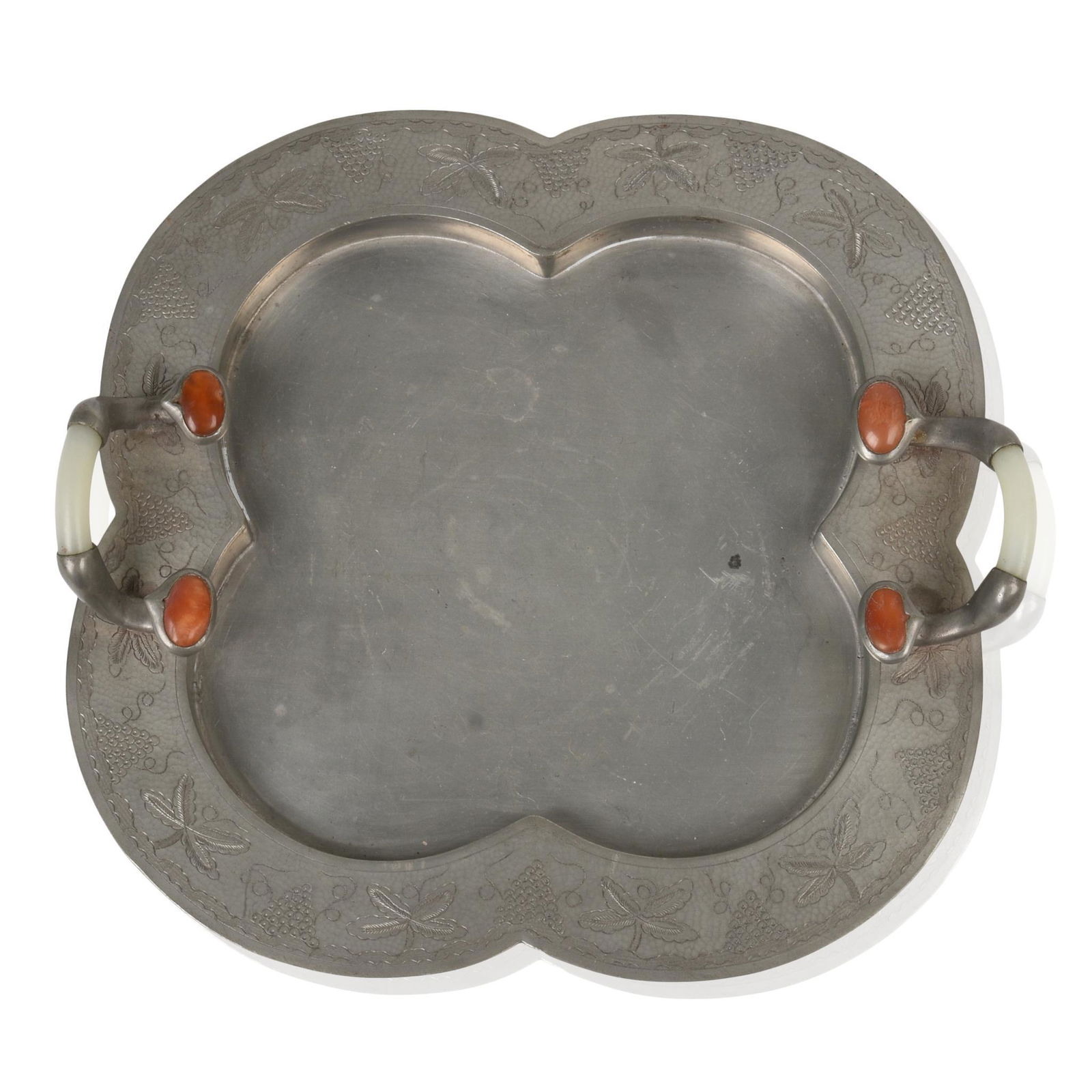 Chinese Jade and Carnelian Handled Pewter Tray (1 of 3)