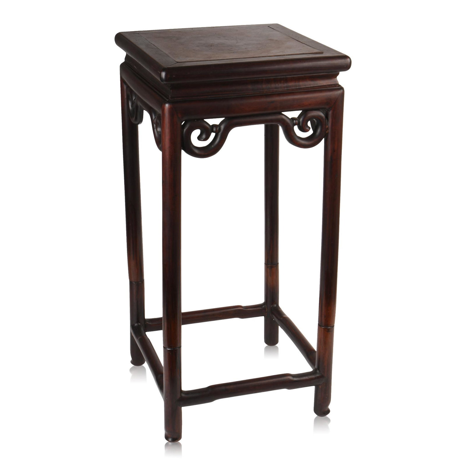 Chinese Hardwood Stand with Burlwood Top.: Height 28.25 inches, square top 13.75 inches each side.