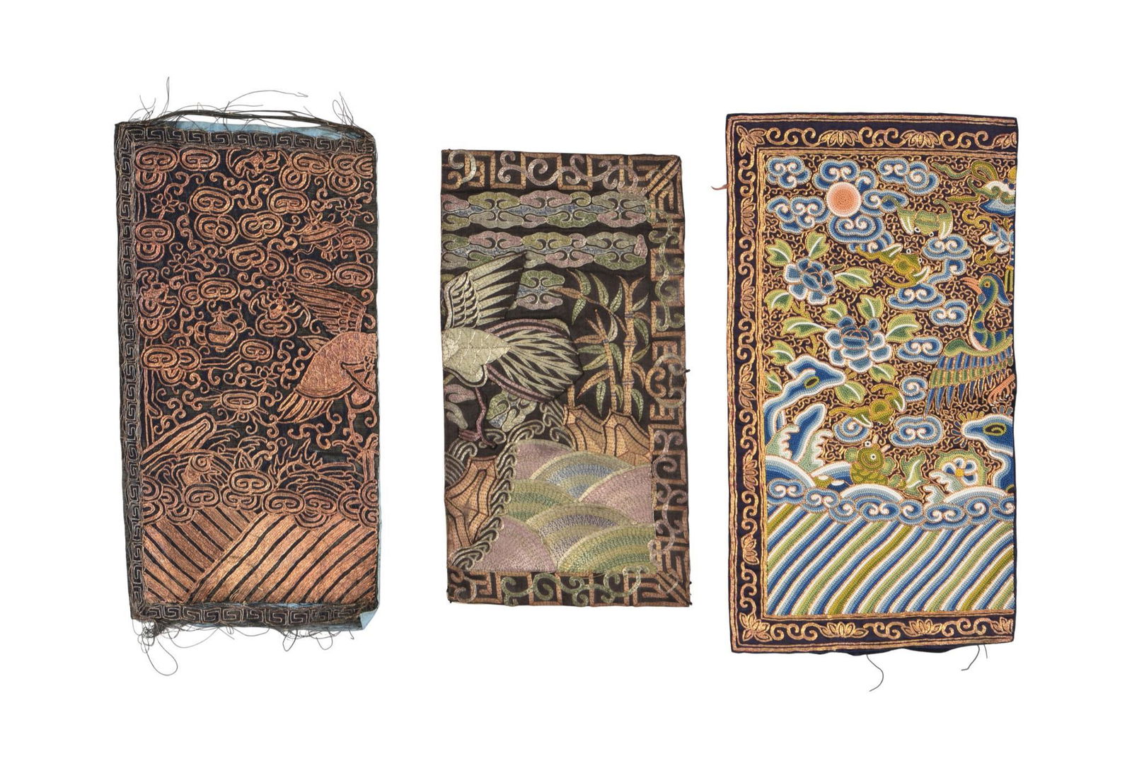 Three Chinese Embroidered Silk Rank Badge Halves. (1 of 1)