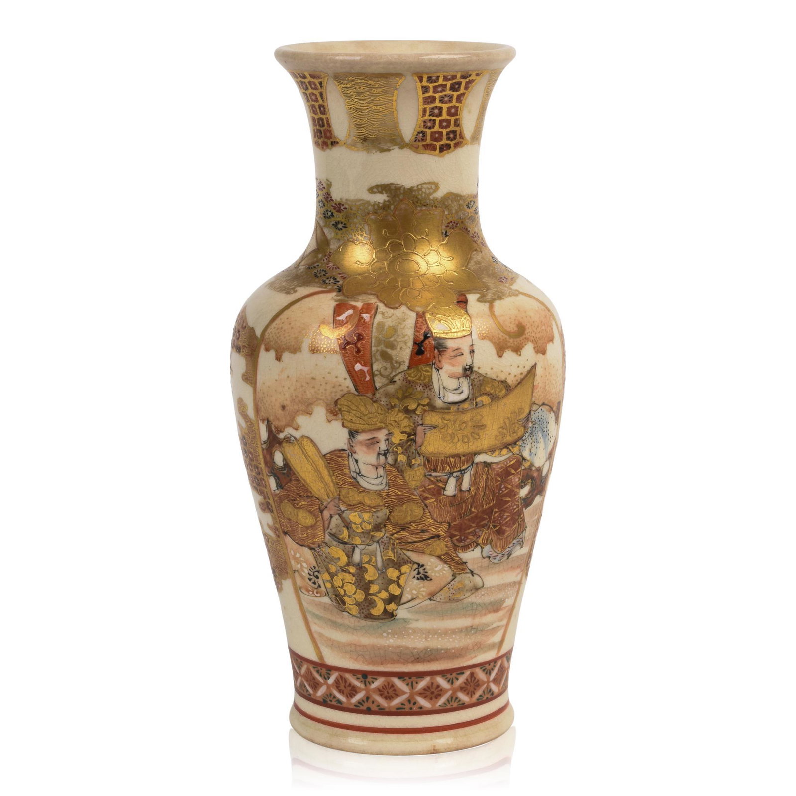 Japanese Satsuma Vase.: Decorated with scenes of Samurai and attendants, two character mark on bottom, late 19th c. Height 8.5 inches.