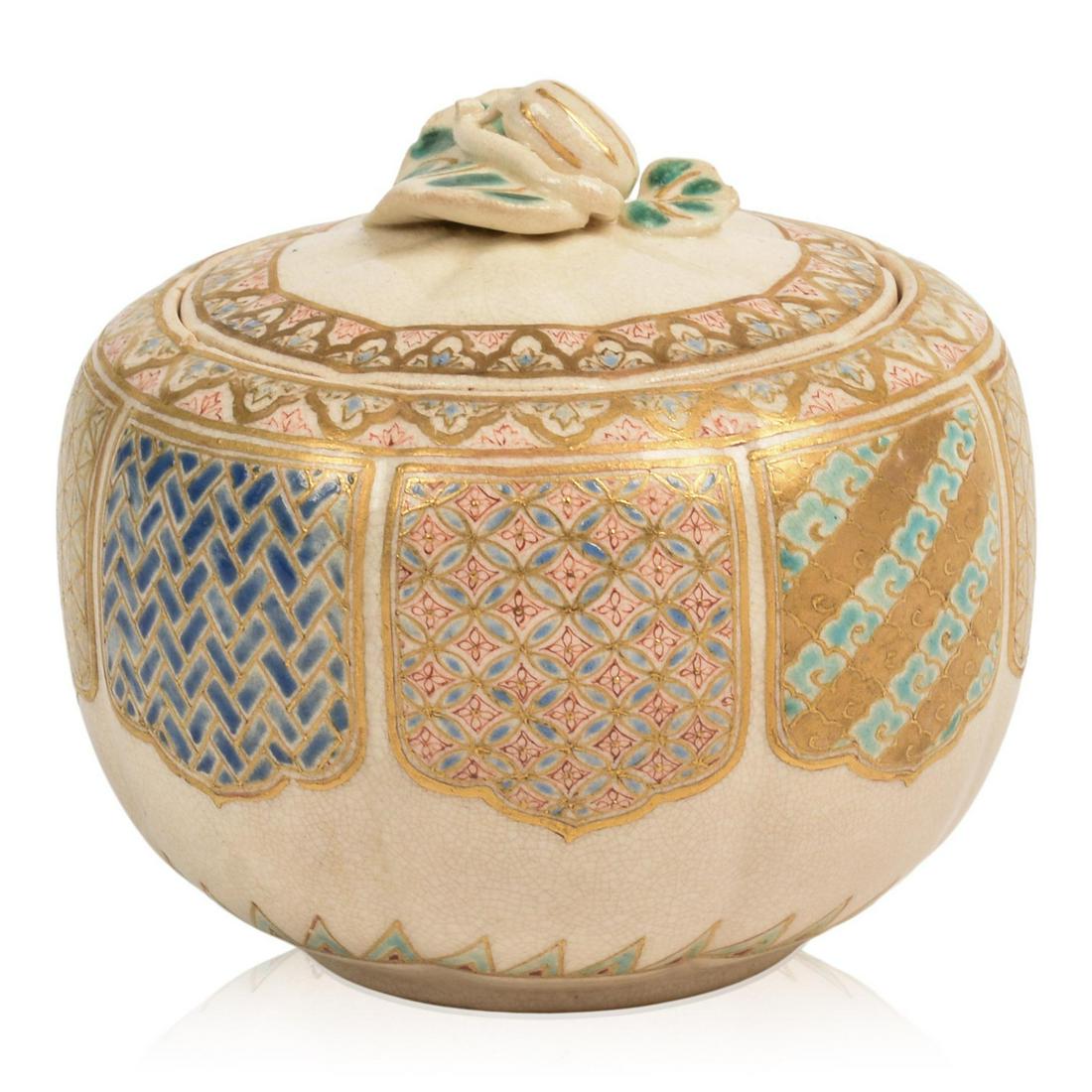 Japanese Satsuma Lobed Covered Jar.: Eight panels of geometric decoration, melon finial, unsigned, 19th c., ex. Putnam-Graves collection. Height 3.25 inches.