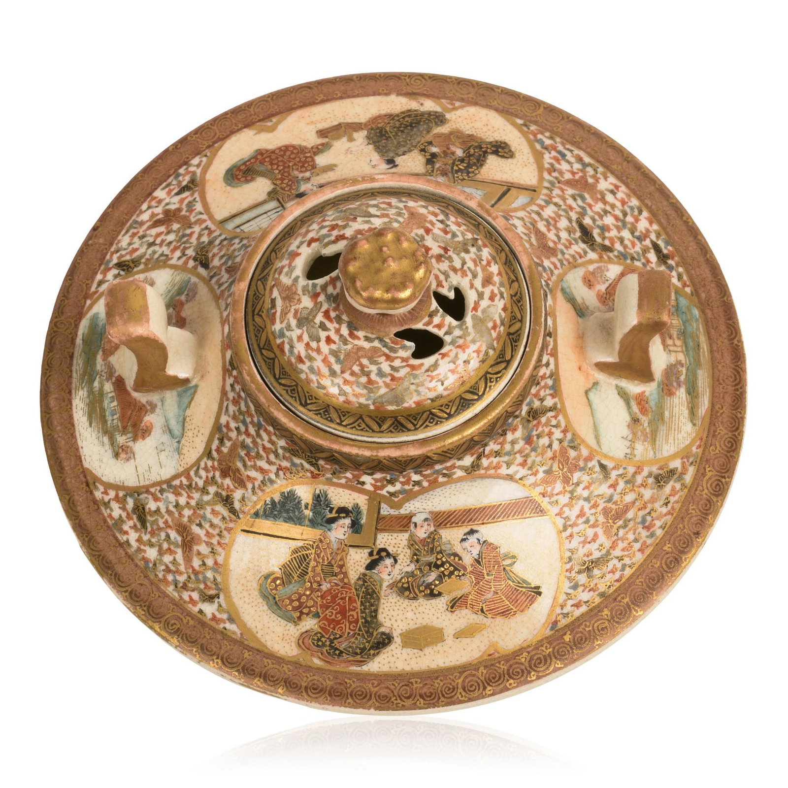 Japanese Satsuma Incense Burner.: Decorated with tea ceremony scene against a ground of tiny butterflies, unsigned, late 19th c., height 2.75 inches. Very tight hairline on underside.