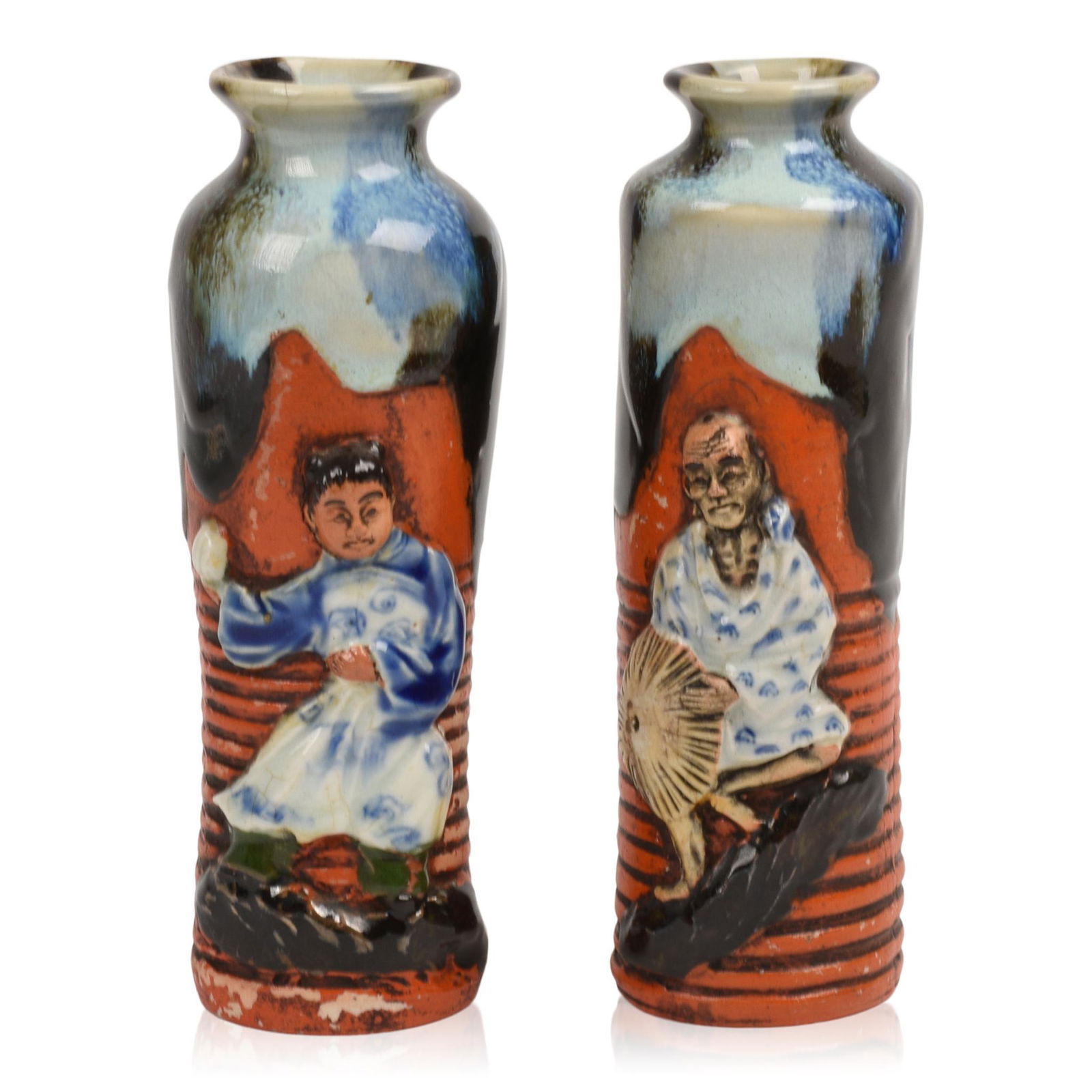 Pair of Japanese Sumida Gawa Pottery Vases. (1 of 5)