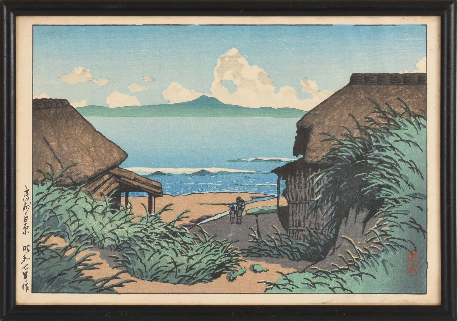 Kawase Hasui Japanese Woodblock Print.: (Japan 1883-1957), â€œBoshu Nippara”, Chuban size, c. 1932, signed with seal lower right and inscribed on the left edge, framed, 7.75 x 11 inches.