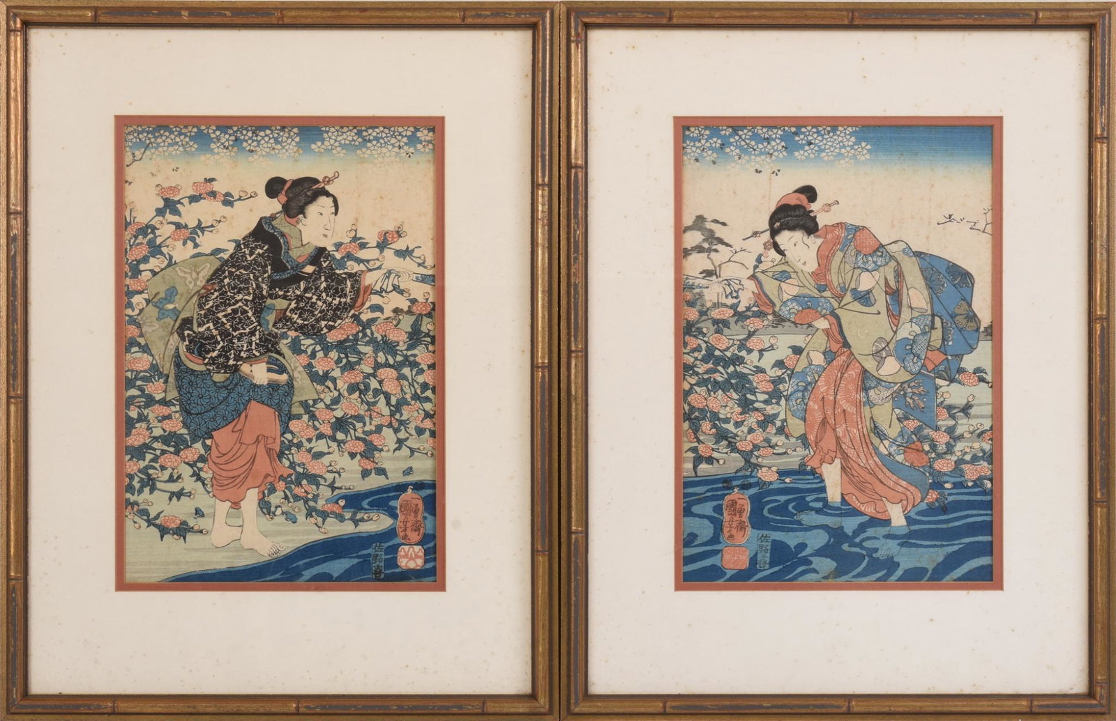 Pair of Kuniyoshi Utagawa Japanese Woodblock Prints.: (Japan 1797-1861), Women at the River Ide, signed, Oban size, in matching frames, 21 x 16 inches.