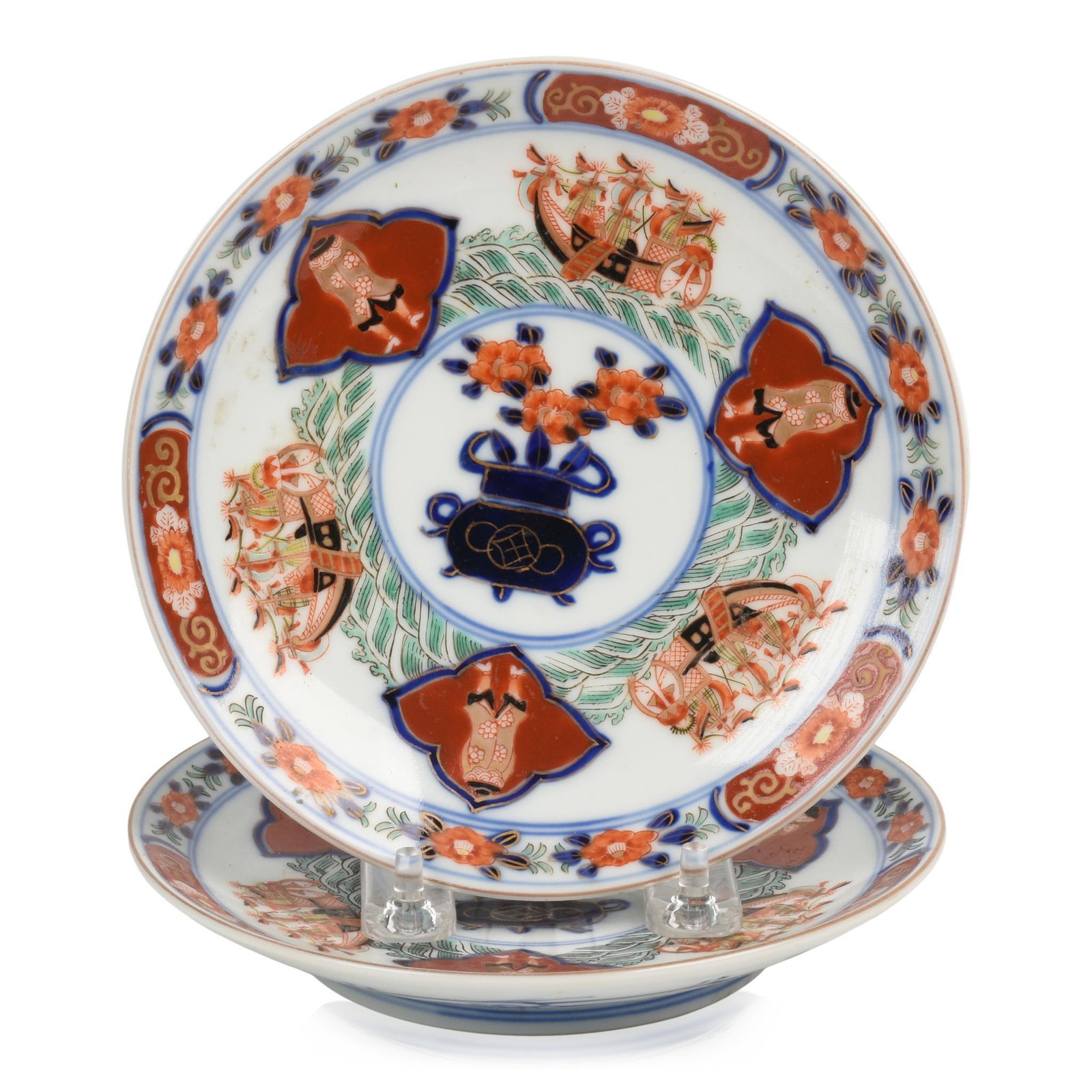 Two Japanese â€˜Black Shipâ€™ Imari Porcelain Dishes.: Decorated with Dutch ships and westerners, late 19th c. Diameter 6.5 inches.