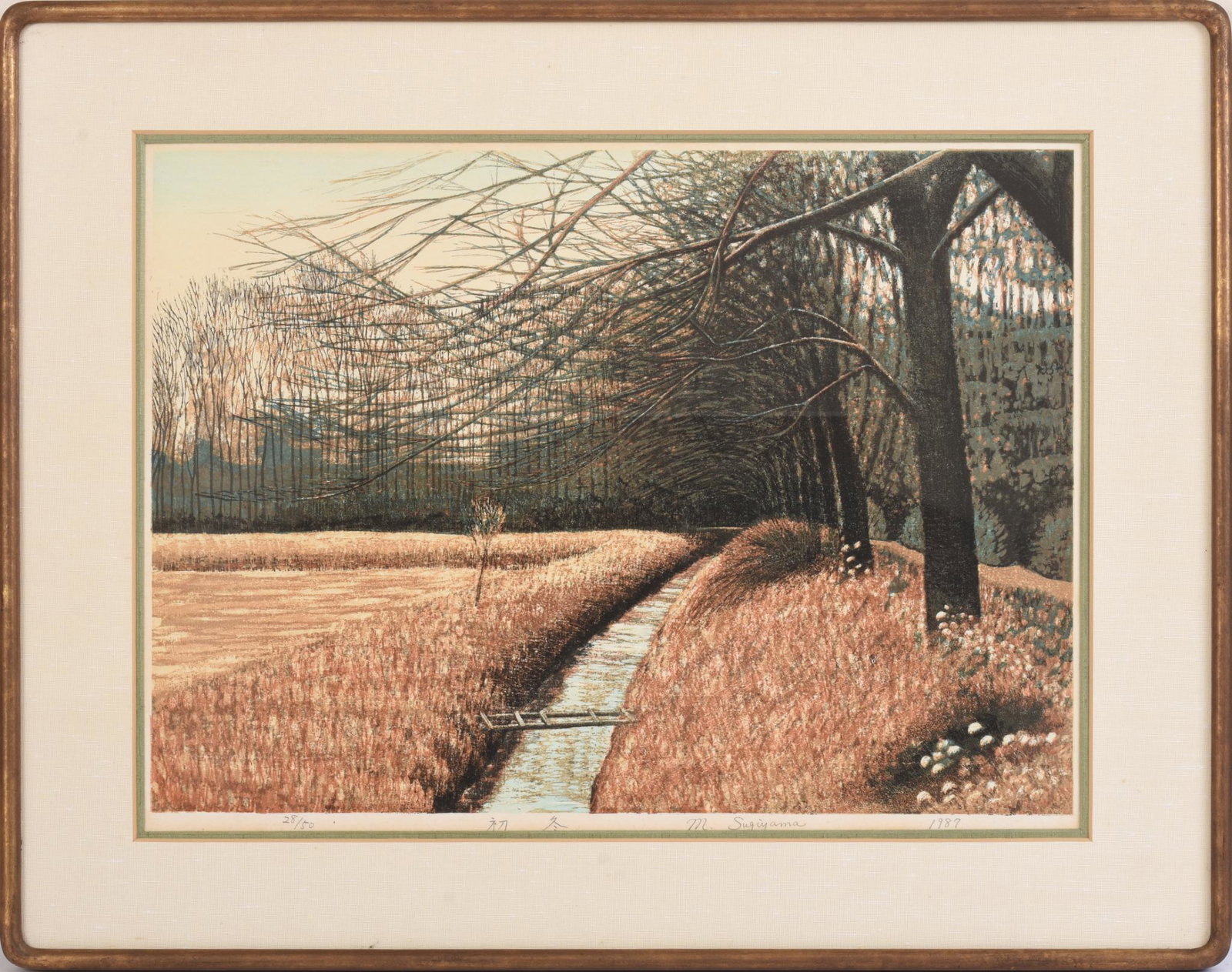 Motosugu Sugiyama Japanese Woodblock Print: (Japan b. 1925 ), â€œEarly Winter (Shotou)”, image 15 x 21 inches, pencil signed and dated 1987, numbered 28/50, framed, 22 x 28 inches.