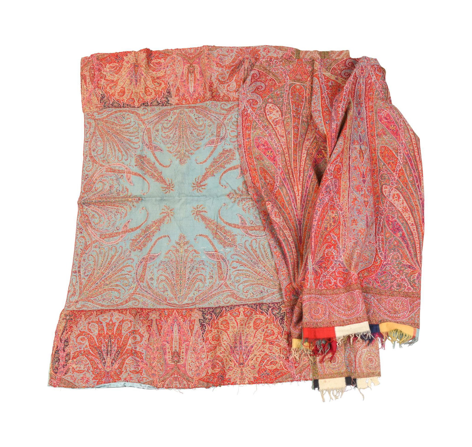 Two Embroidered Paisley Fragments: One signed, 19th c., 36 x 44 and 43 x 48 inches.